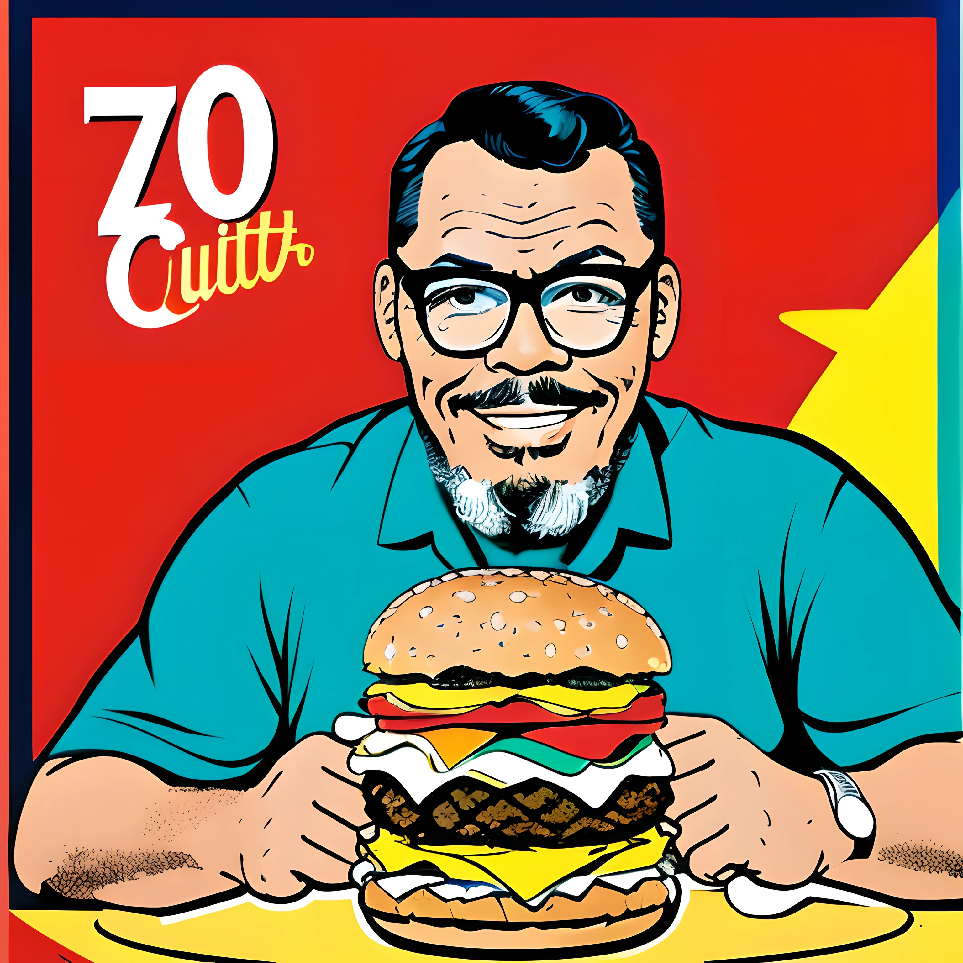 guttojugg1, a 2D illustration of a man with glasses enjoying a hamburger in a retro '60s/'70s style, you could take inspiration from the work of artists like Peter Max.

Incorporate bold and vibrant colors, abstract shapes, and a sense of whimsy that was characteristic of art during the '60s and '70s. This approach can help you create an illustration that feels like a vintage hamburger joint poster from that time period.