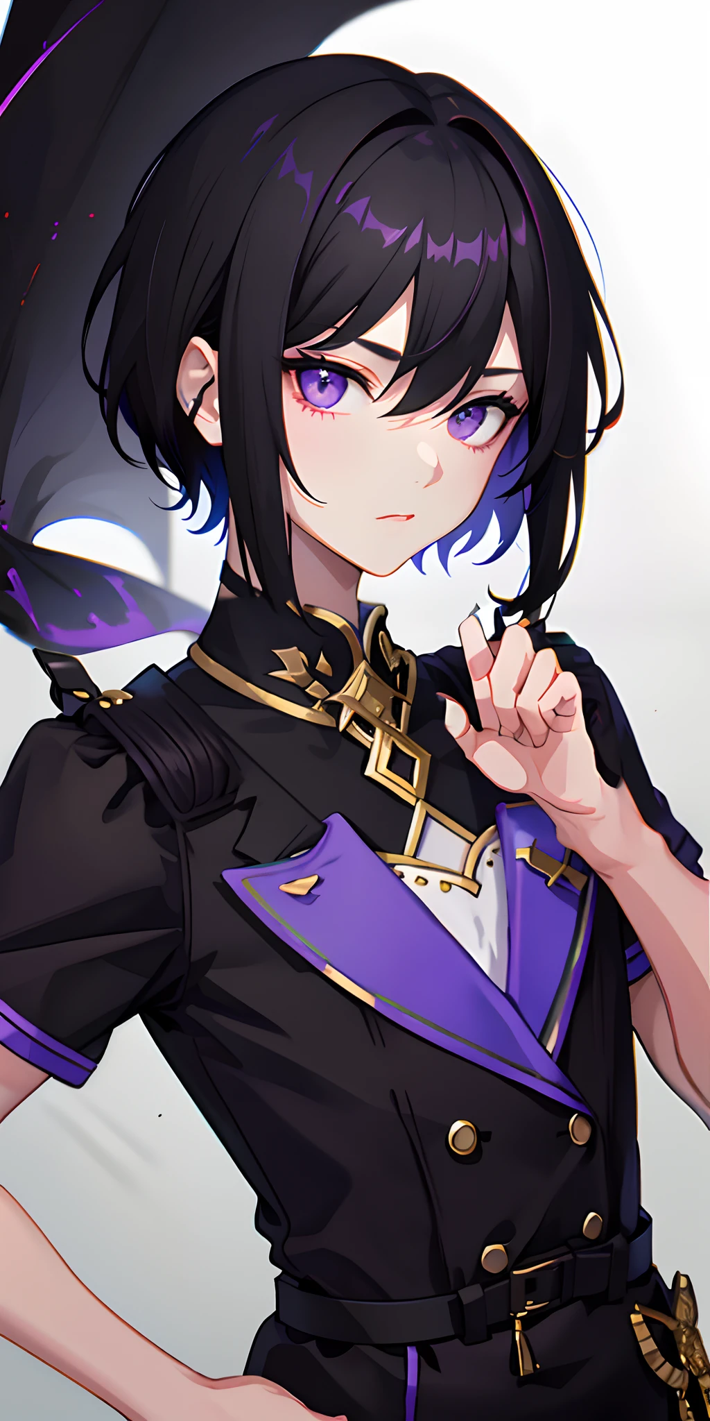 boy. thoughtful look. open forehead. black and purple hair tied in a bun on the left side to one side. sinuous black horns wrapped in dark purple ribbon. pale violet eyes. in short dark purple shorts. long white T-shirt. dark purple knee-high socks. dark_purple long coat with hood. древние dark_purple stone walls purple light from lamps on an old piano