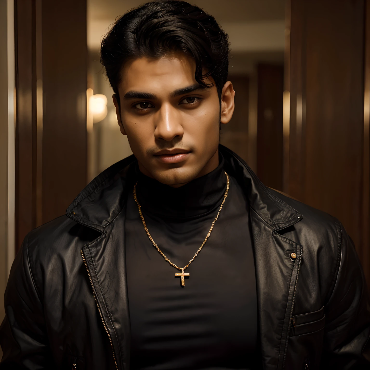 arafed man with a black jacket and a gold necklace, beautiful male face, young man with beautiful face, defined jawline, jayison devadas, indian super model, dr zeus, indian god, beautiful fine face features, nivanh chanthara, promotional still, realistic and defined face, well defined jawline, random artist, single realistic face