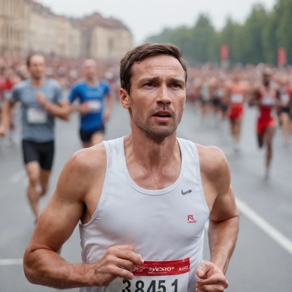 38-year-old man running near finish line exhausted, Sweat on his face and a crowd behind him