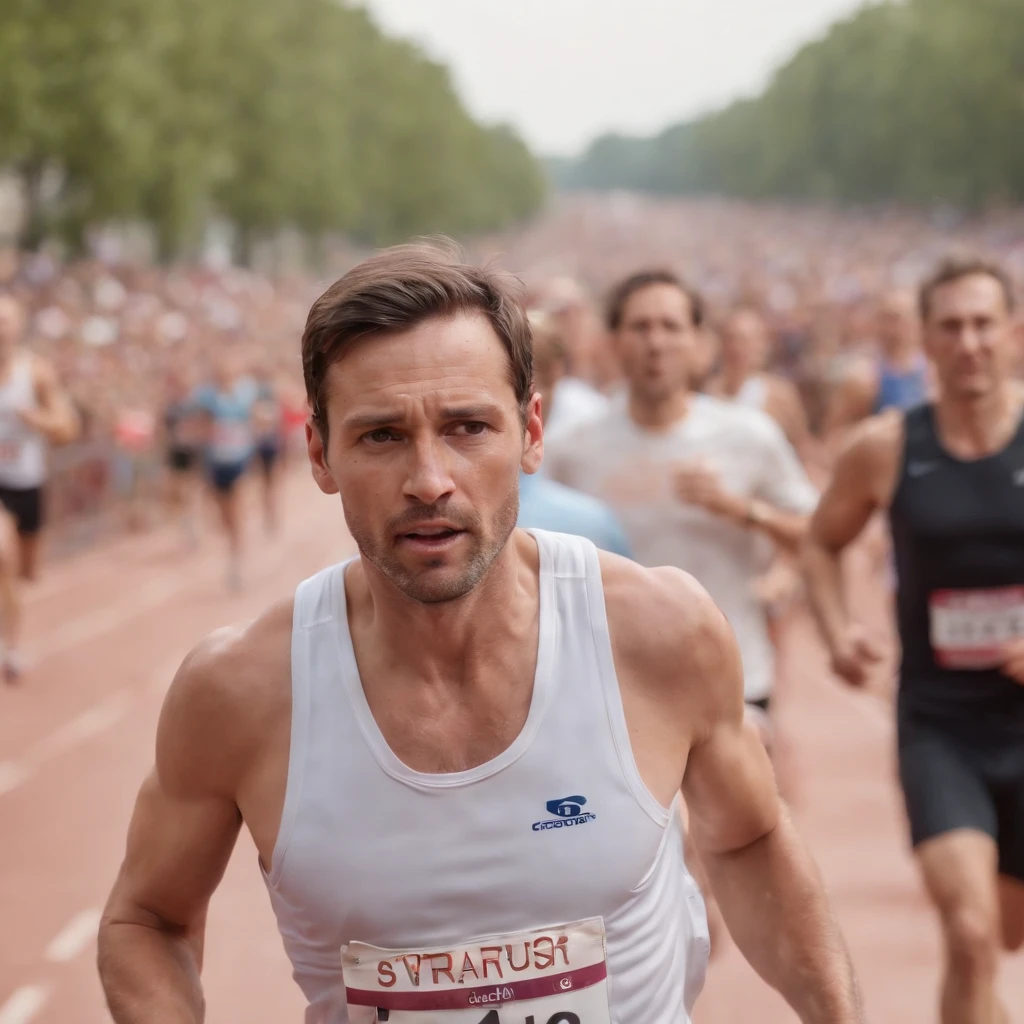 38-year-old man running near finish line exhausted, Sweat on his face and a crowd behind him