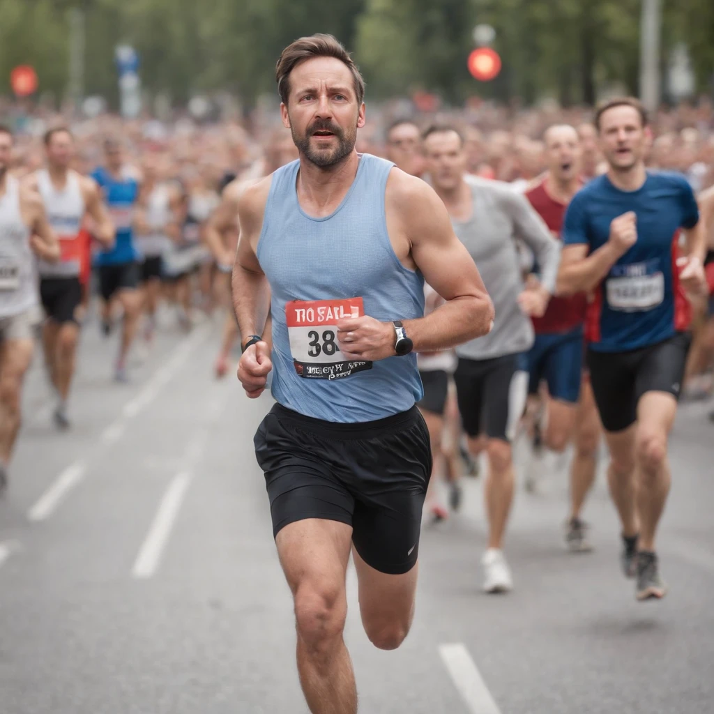 38-year-old man running near finish line exhausted, Sweat on his face and a crowd behind him