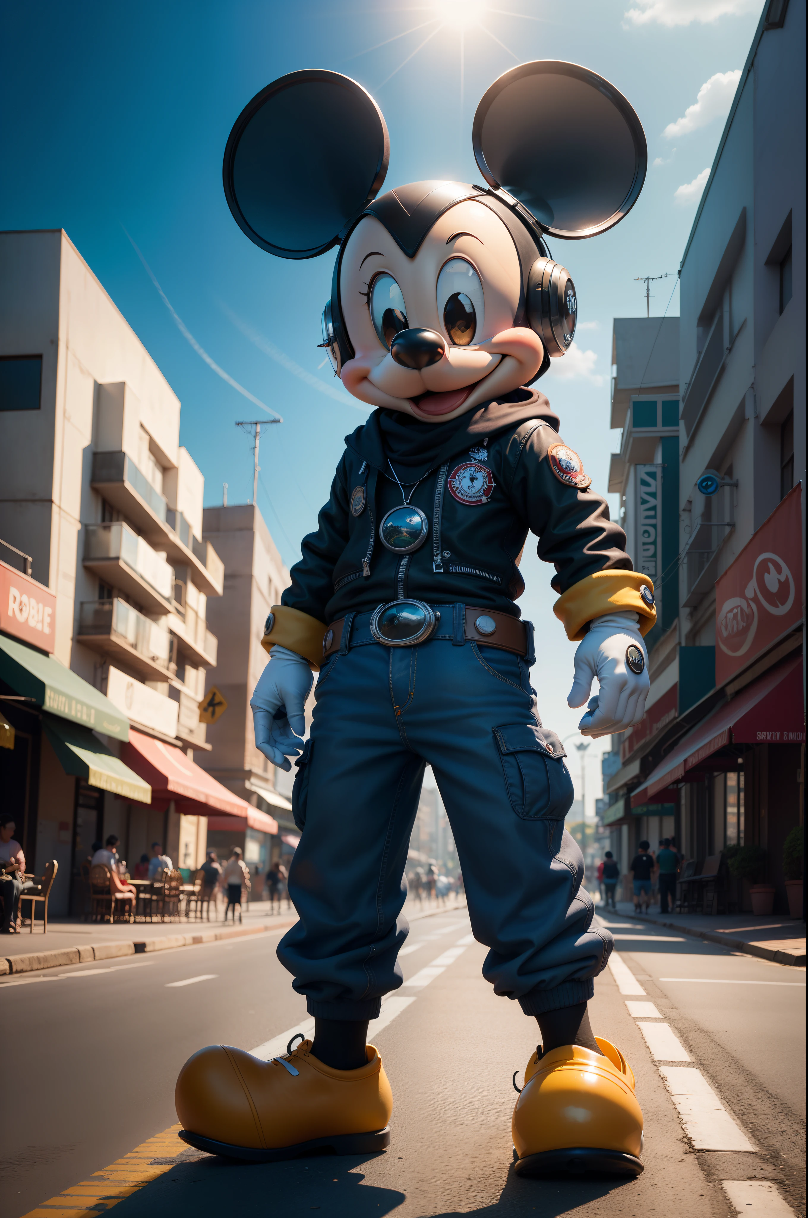 Mickey Mouse Robótico, com imagem ultra realista, foto de capa de revista, sorrindo, luz forte, cidade ao fundo, super realista, 4k