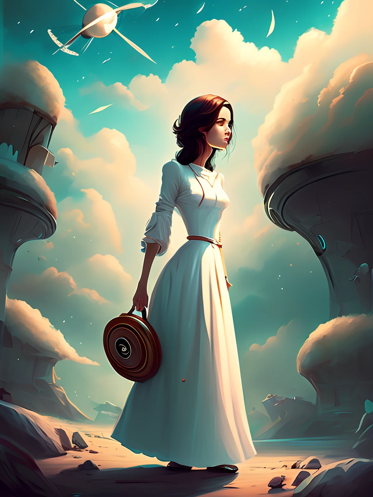 Woman in white dress standing in front of flying saucer, UFO Abduction, On a light background, text "I Want to Beliv", rob rey, Alien Girl, Alien abduction, She is approaching the heavens, extraterrestrial, She arrives in heaven, Alien Woman, The female rises into the sky, Cover of the novel for the book, girl in space, John Alexander, in the style of Cyril Rolando, text: "I Want to Beliv"