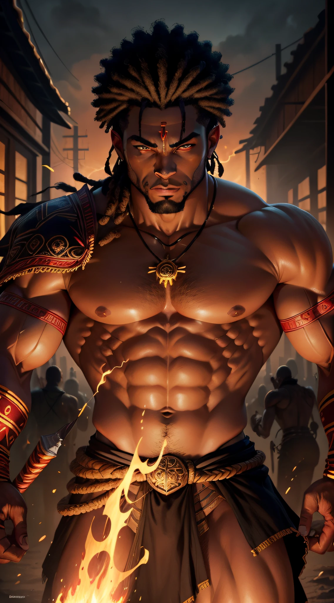 pieces of color, caderno de rascunhos, Hand drawn, Escuro, corajoso, realistic sketch, rough sketch, mistura de linhas escuras fortes e linhas soltas, linhas em negrito, no papel, arte centrada, Vetor 2D, Vivid red watercolor,  Virar a Folha de Caracteres, corpo inteiro, Rei tribal africano, homem  bonito, Forte Rei, Dungeon and Dragons, Defined bulky muscles, Roupas do rei africano, detalhes dourados, coroa de fogo, Olhos flamejantes, Shafts with neon lightning
