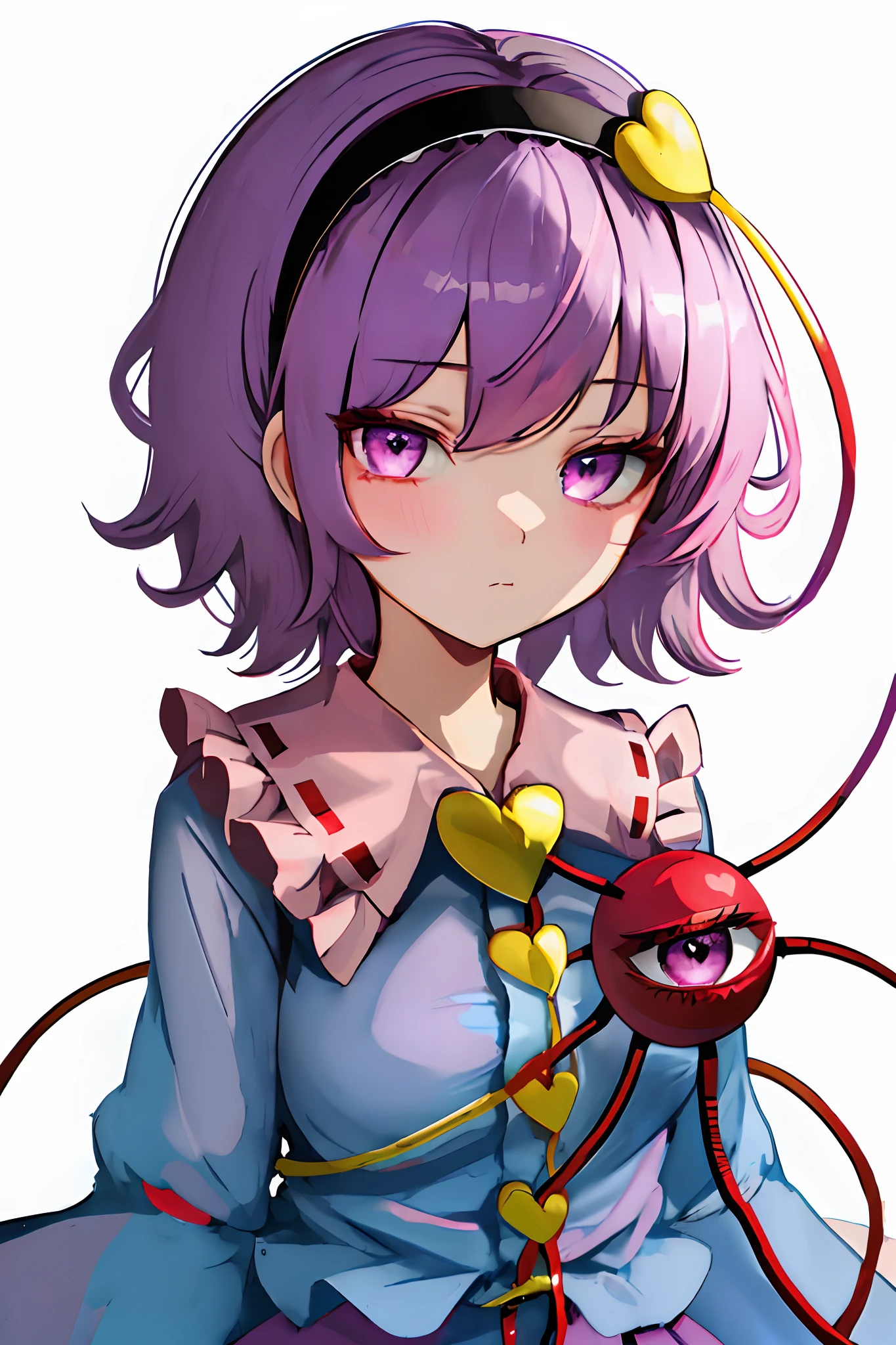 best quality, masterpiece, highres, solo, {komeiji_satori_touhou:1.15}, heart, short_hair, hairband, pink_hair, third_eye, pink_eyes, blush, hair_ornament, heart_hair_ornament, 1girl, black_hairband, blouse, blue_shirt, large breasts, closed_mouth, expressionless, frilled_shirt_collar, frills, looking_at_viewer, messy_hair, purple_eyes, purple_hair, ribbon_trim, shirt, simple_background, heart_button, eyebrows_hidden_by_hair, portrait, ribbon-trimmed_collar, upper_body, white_background, detailed face, detailed eyes, detailed hair