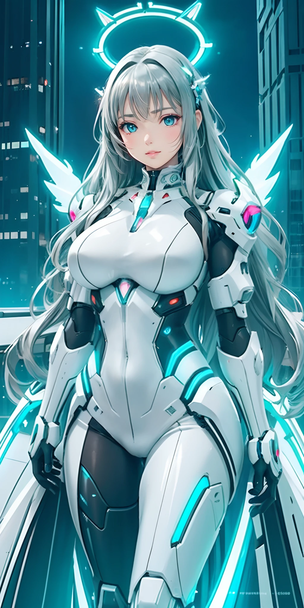 best quality, a beautiful woman, long wavy hair, white futuristic mech armor, neon halo, mechanical wings, perfect slim fit body, large breasts, skyscraper rooftop, realism, elaborate details, late evening, cyberpunk, neon accents