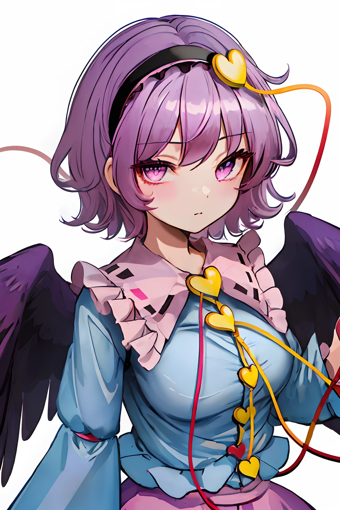 best quality, masterpiece, highres, solo, {komeiji_satori_touhou:1.15}, heart, short_hair, hairband, pink_hair, third_eye, pink_eyes, blush, hair_ornament, heart_hair_ornament, 1girl, black_hairband, blouse, blue_shirt, large breasts, closed_mouth, expressionless, frilled_shirt_collar, frills, looking_at_viewer, messy_hair, purple_eyes, purple_hair, ribbon_trim, shirt, simple_background, heart_button, eyebrows_hidden_by_hair, portrait, ribbon-trimmed_collar, upper_body, white_background, detailed face, detailed eyes, detailed hair