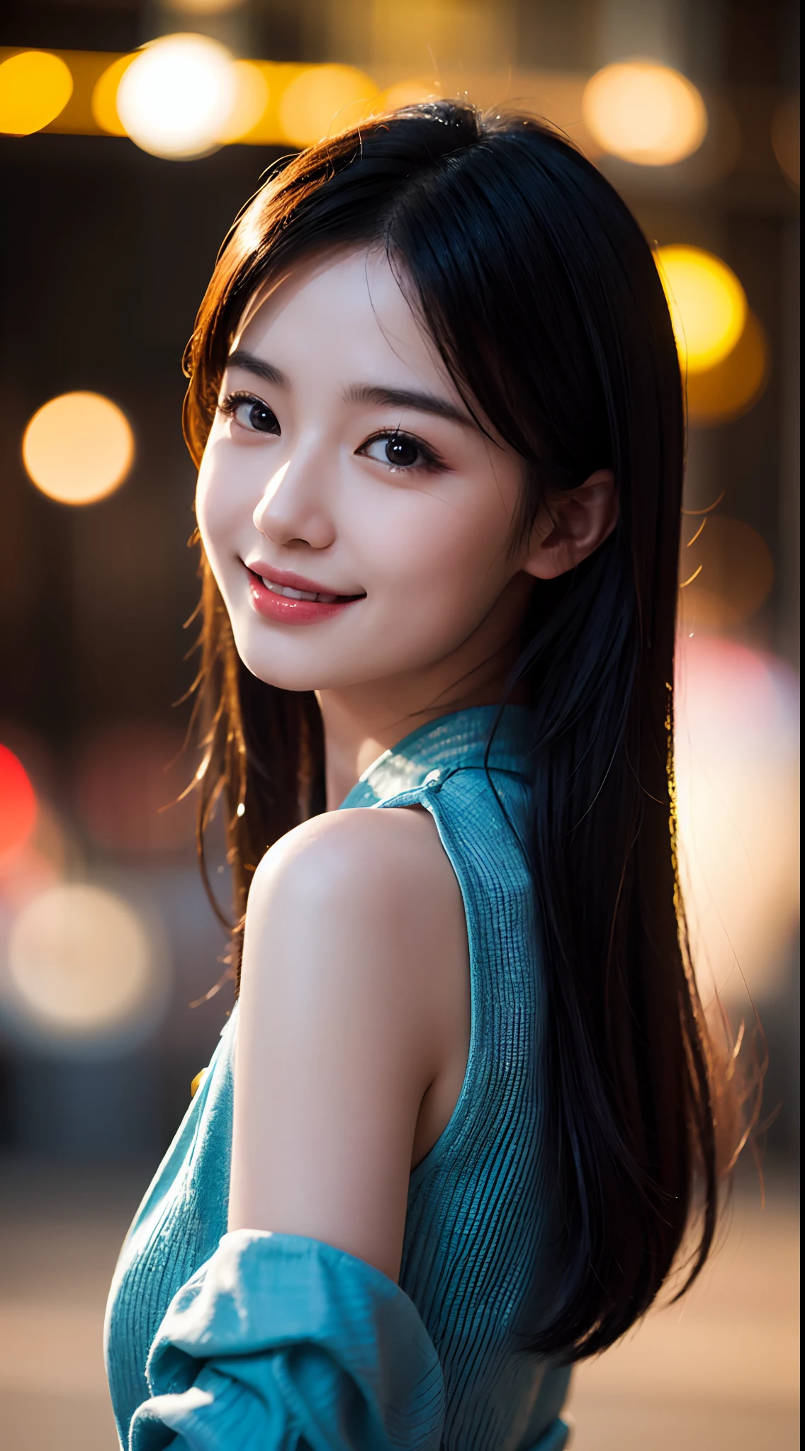 Super detail beautiful Chinese smiley girl 30 years old, semi-realistic portrait, blurred background, ultra high level details, UHD 24k, cinematic lights, bokeh effects