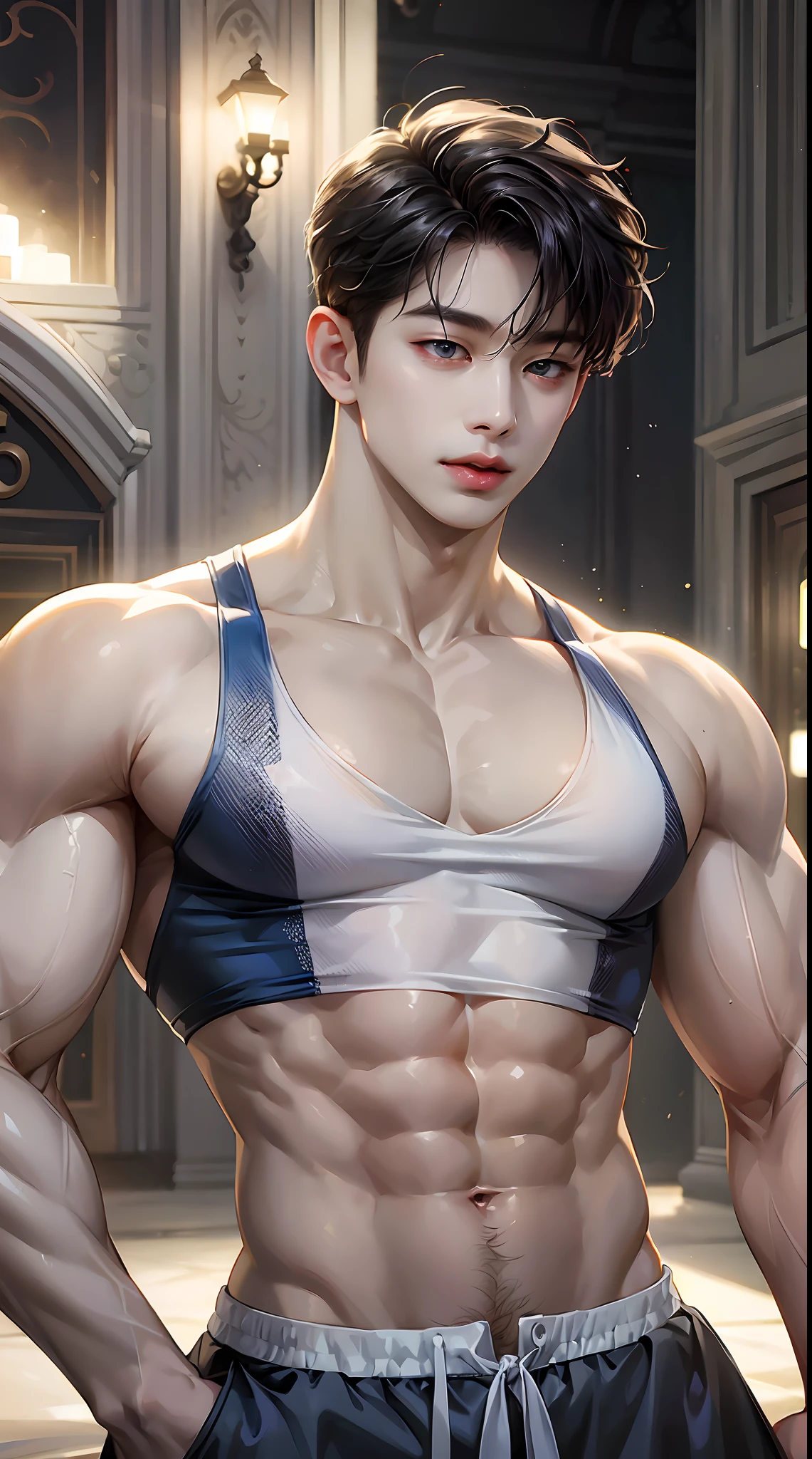 (Masterpiece) best quality, high quality,perfect face,hd, a kpop singer wonho, muscular,.abs ,shirtless ,wearing only singlet