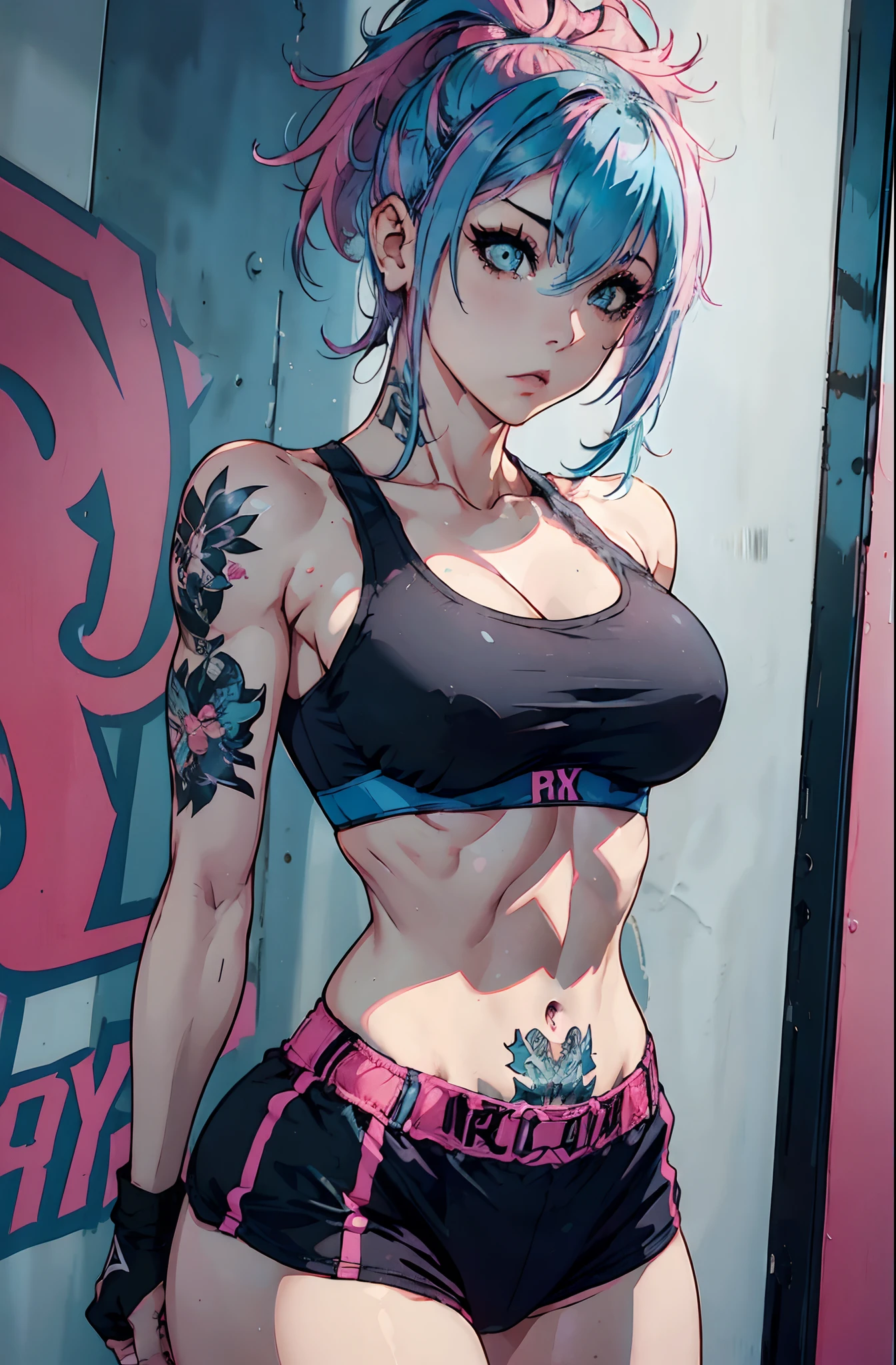 Beautiful girl, Muscular, (Boxer), Cleavage, (sexy Sports bra), Abs, (tattoo), big breasts, light blue hair, emo_hairstyle, pink highlights, wearing Urban_Gal