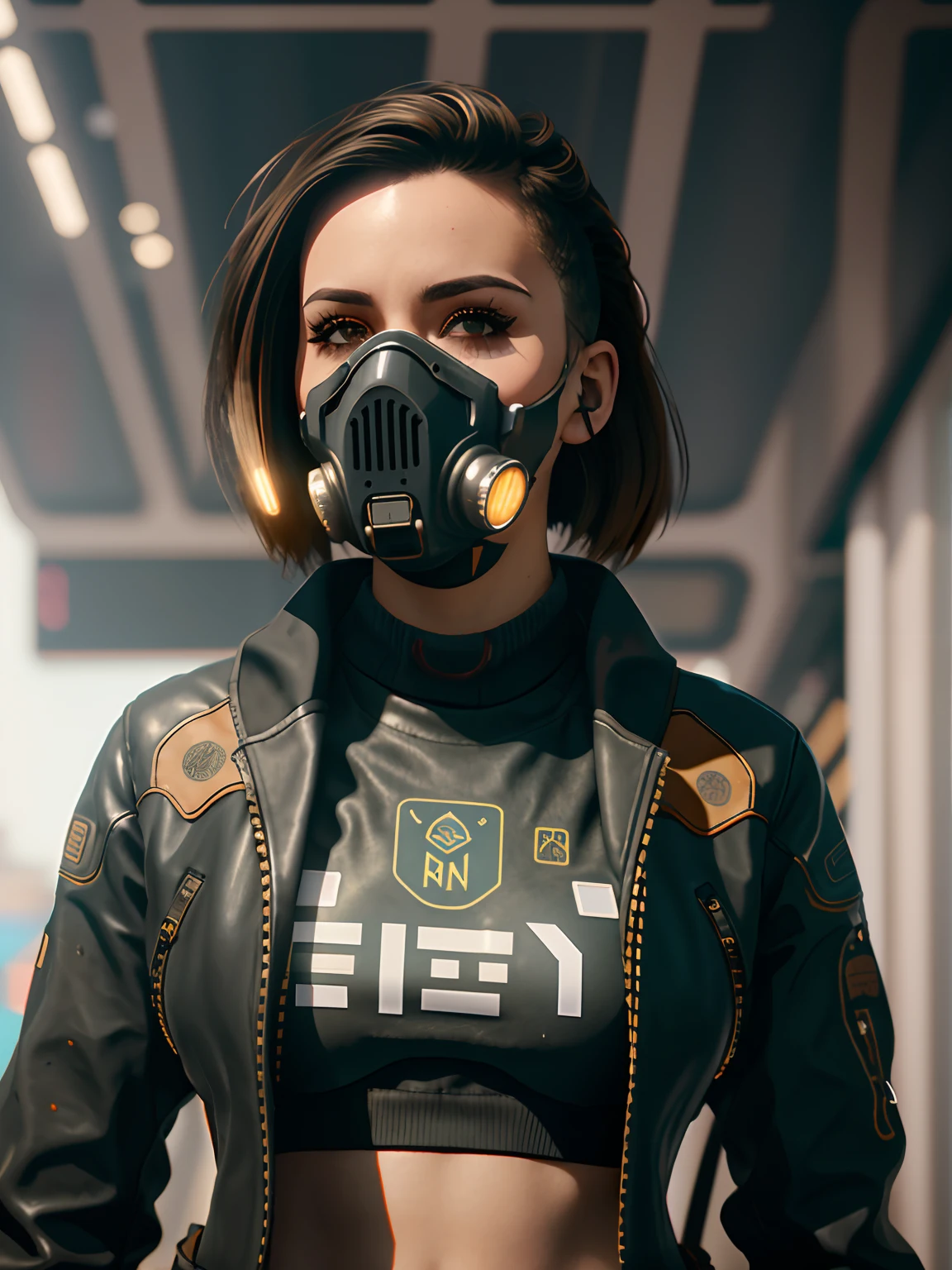 Arafed woman in a gas mask and leather jacket, estilo cyberpunk hiper-realista, Judy Alvarez cyberpunk, Wojtek FUS, arte do personagem do motor irreal, Cyberpunk feminino ruivo, Amazing 8K character concept art, arte do personagem Cyberpunk, personagem cyberpunk, Cyberpunk 2 0 e. o modelo menina, CGSetividade 8K, CGSetalidade 8K, CGSetividade 8K, Lutando, tiroteio, Usando Arma, batalha,