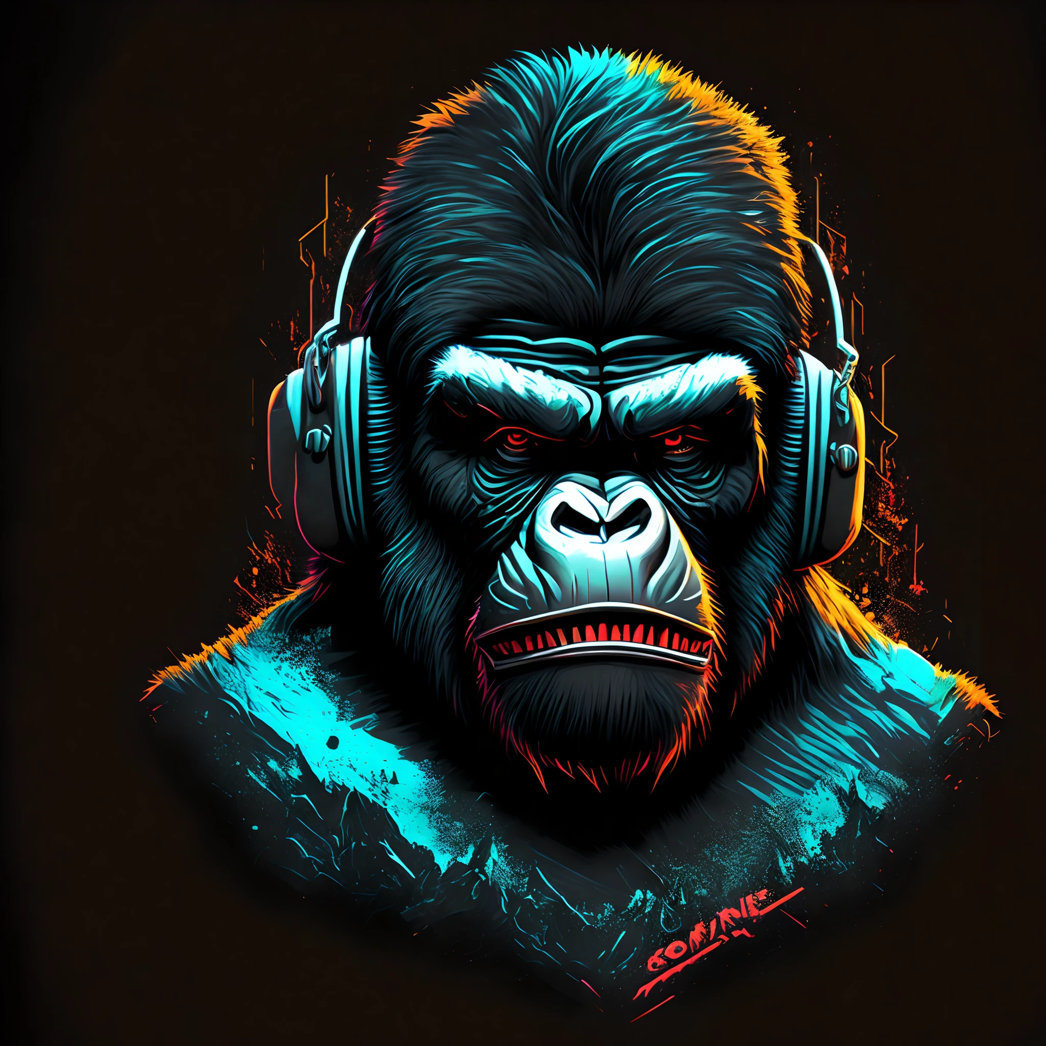 centered, isometric, vector t-shirt art ready to print, graffiti illustration of a angry gorilla with headphones, T-shirt art, black background