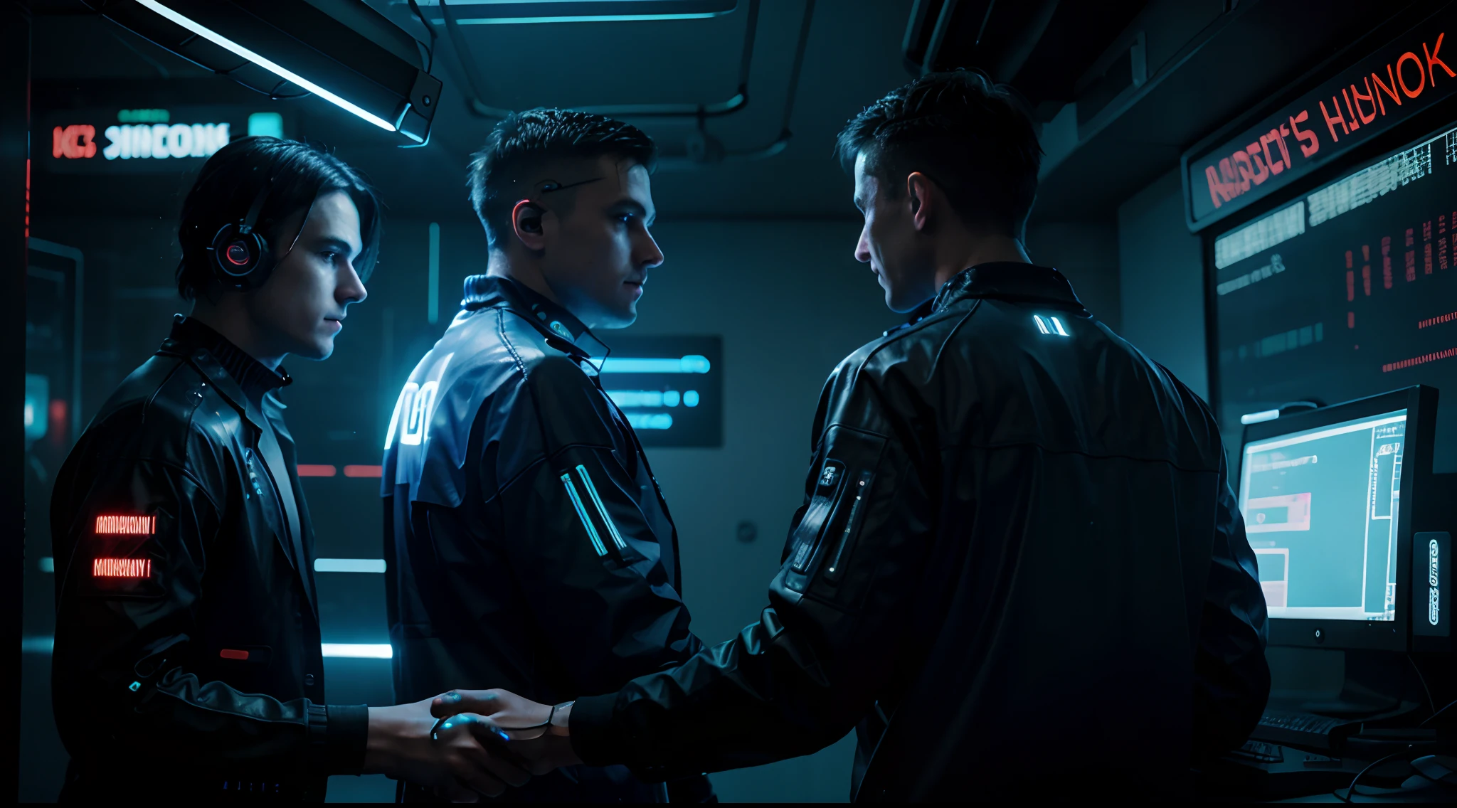 (neon, tech, cyberpunk:1.1),(computer screen:1.1),(hacker's back:1.1),(soft lighting, dark lighting:0.9)(blue lights, blue lamp:0.9),(two happy men shaking hands:1.1)