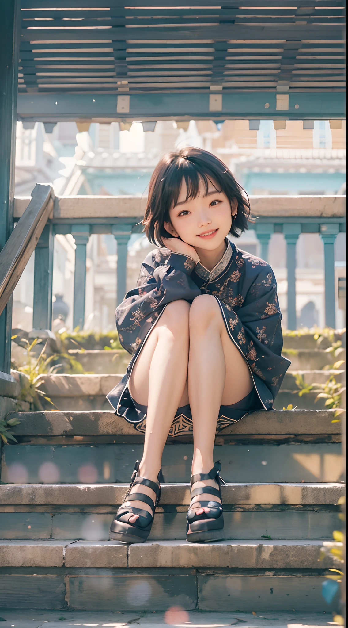 sayudef, full body, smile, blush, outdoors, daytime, simple background, blue sky, short hair, sky, temple, looking at the audience, sitting on the stairs, village, moody lights, semi-realistic portrait, blurred background, bokeh effects