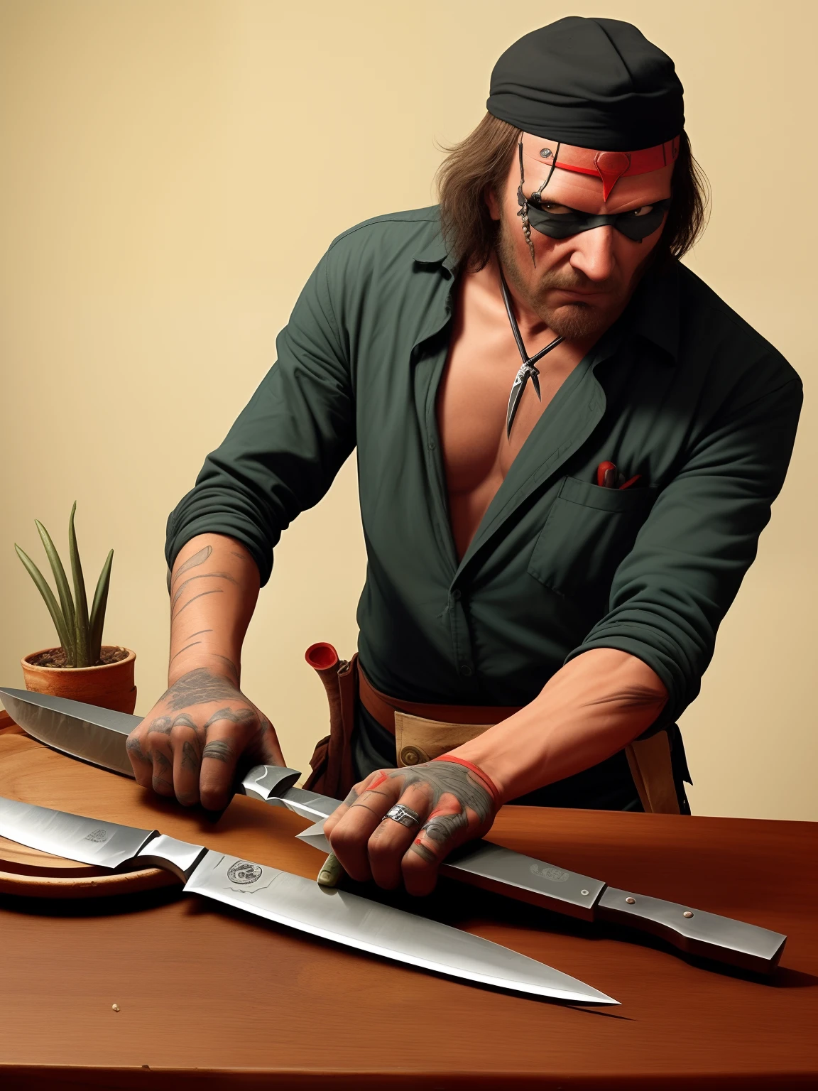 One eyed man katching a knife to kill a person