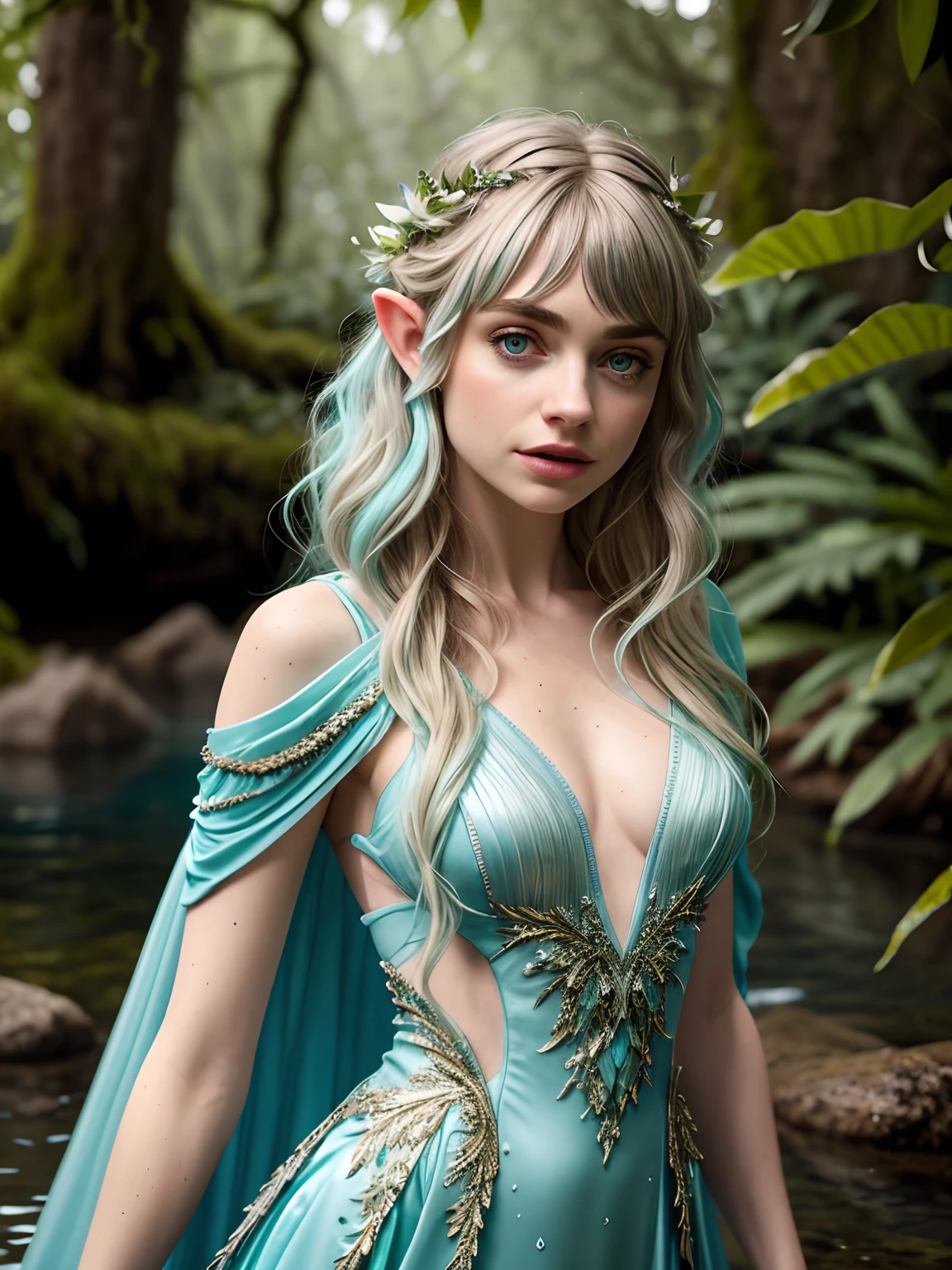 Imogen Poots loira com cabelo azul e orelhas verdes em uma floresta, closeup fantasy with water magic, muito bonito elven top model, fantasy photoshoot, karol bak uhd, Retrato da rainha sereia, Retrato do guerreiro da sereia, beautiful elven princess, Fantasia Inspirada, Imogen Poots uma fada, traje de fantasia, espartilho ciano, photoshoot real rainha dos oceanos, vestido de fantasia