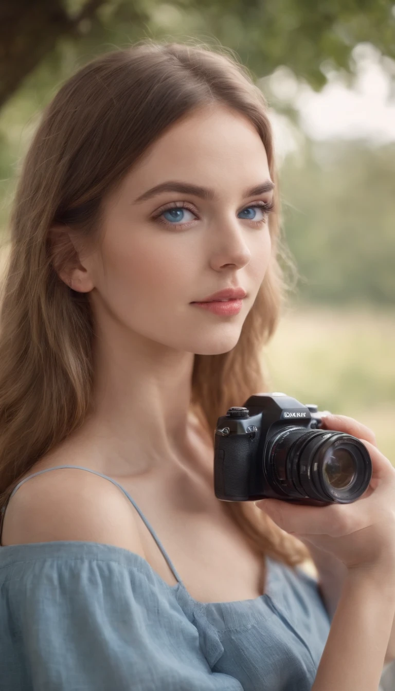 photo realistic, pretty girl, 22, blue eyes holding a camera,