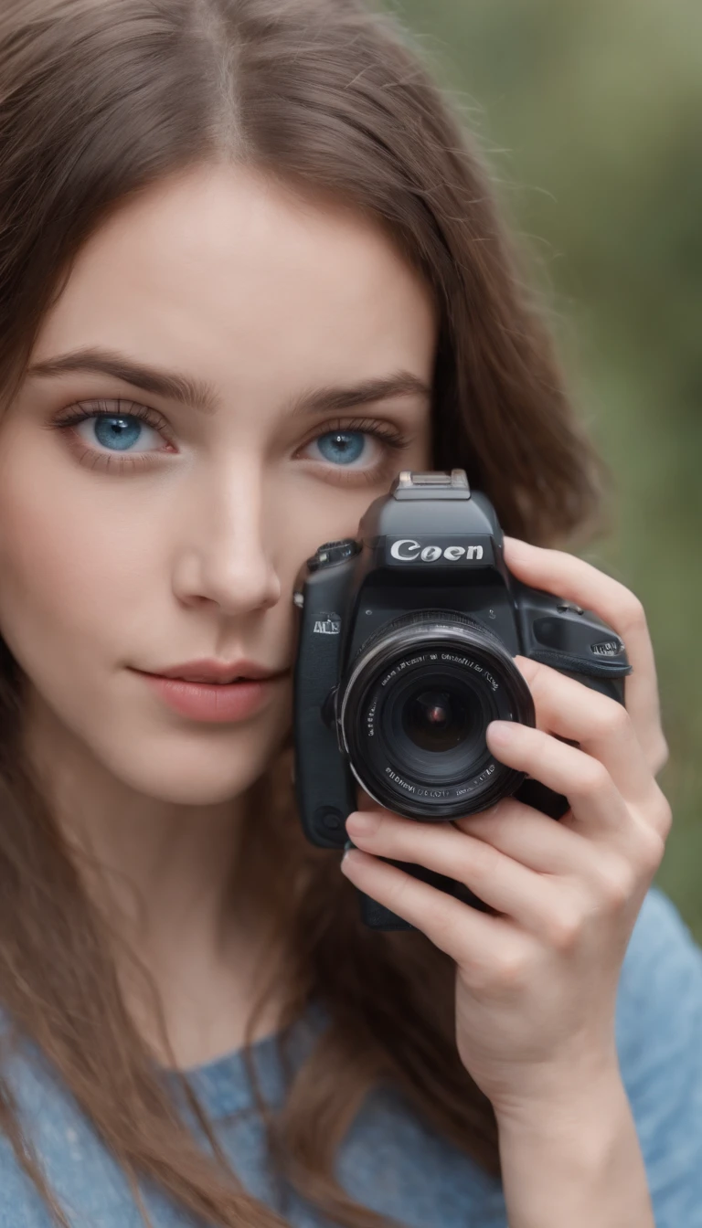 photo realistic, pretty girl, 22, blue eyes holding a camera,
