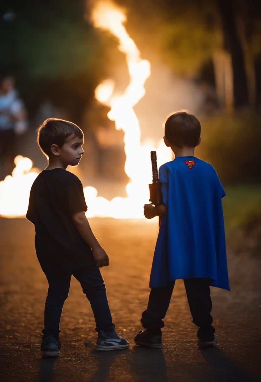 uma imagem com dois jovens brincando com sabres de luz. The boy dressed in the Superman shirt has a blue lightsaber and the other boy in the Batman shirt has a black lightsaber. Ao fundo um castelo de cartas.