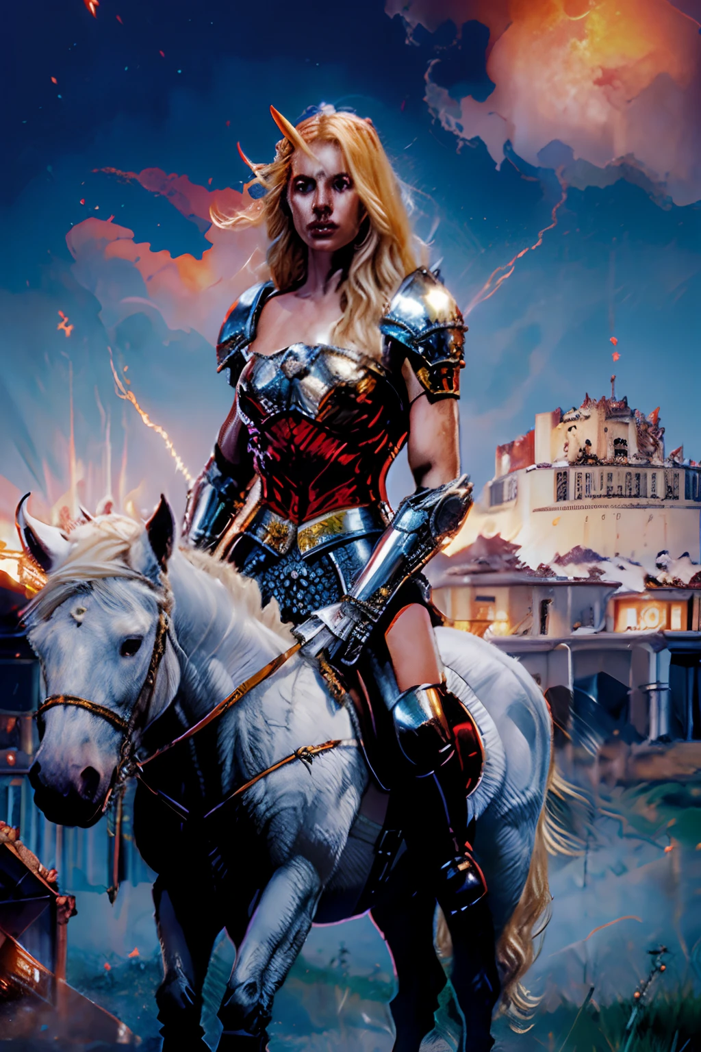 Beautiful blonde woman riding a white horse knight of the apocalypse with medieval background with fire and flames