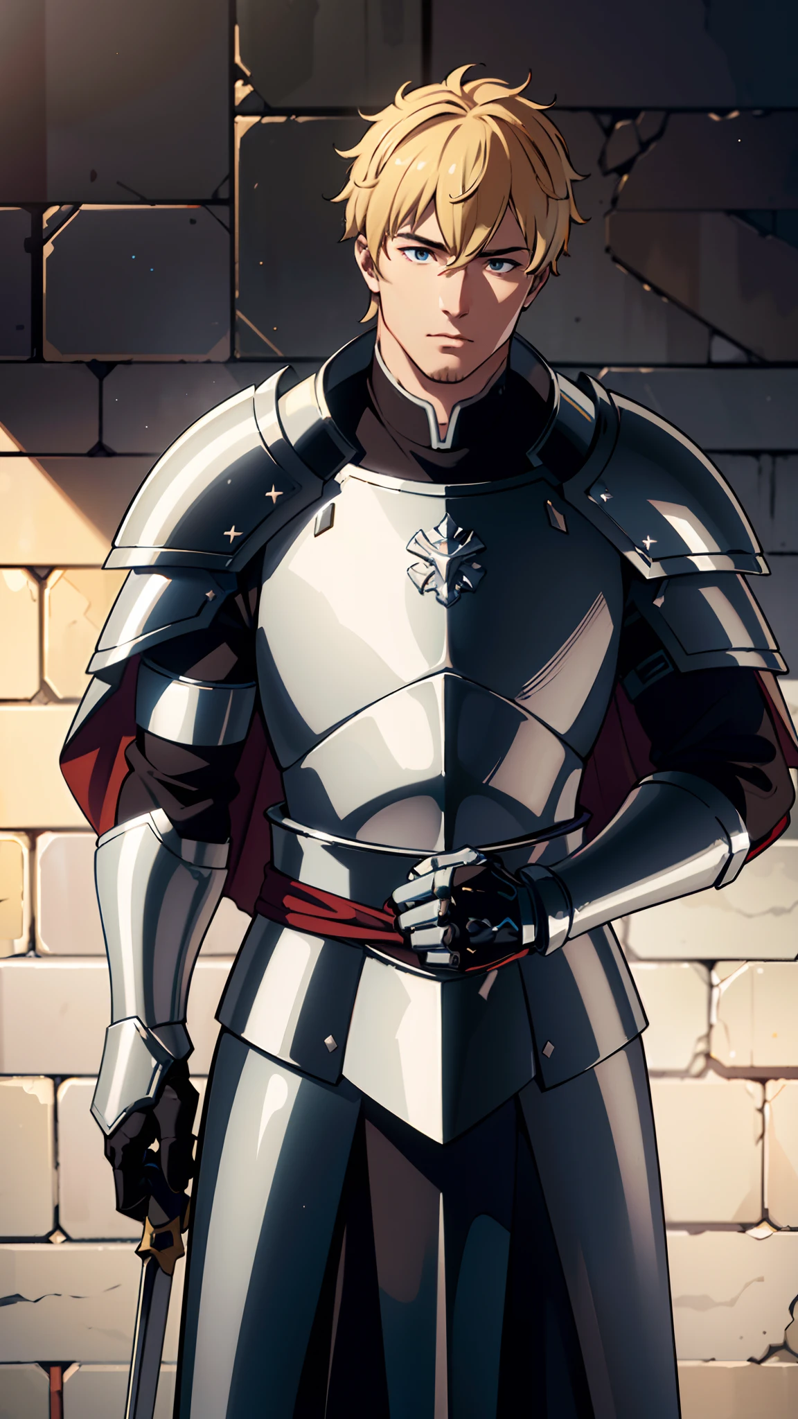 (highest quality,4k,8k,highres,masterpiece:1.2),ultra-detailed,realistic,portrait,sharp focus,physically-based rendering,professional,medieval knight,holy paladin,young male knight,detail-oriented armor,exhausted warrior,cape,battlefield ambiance,glowing sword,vibrant colors,soft sunlight,subtle shadows, action pose, armor in blood
