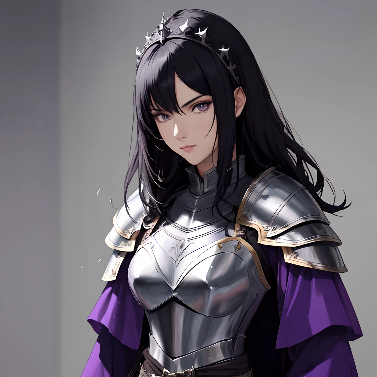 Knight of the cult of the dragon. She is tall and wearing plate armor.  Very beautiful and black hair.  She is wearing a purple cloak.  In the fantasy style