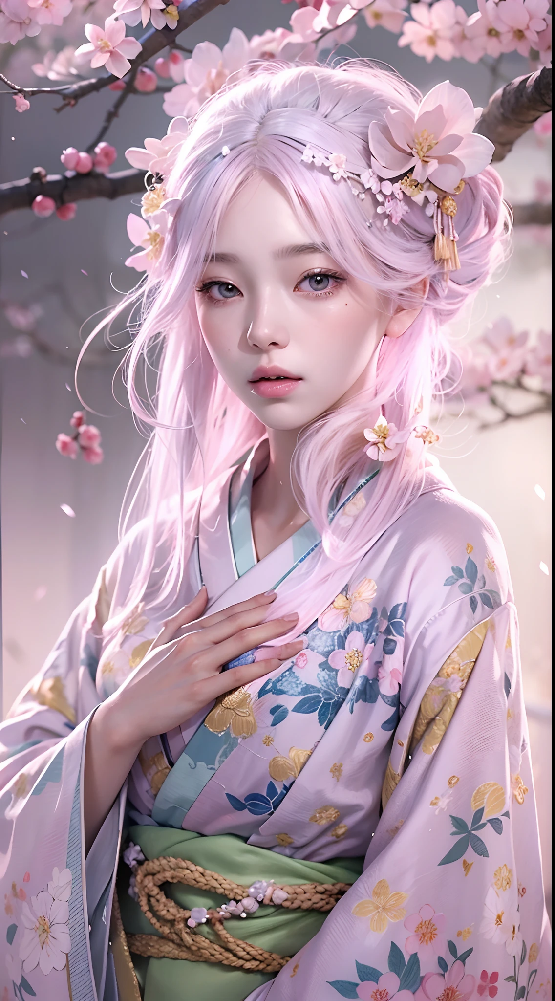 A hyper-realistic, highly detailed, and high-resolution 16k image of a young, beautiful female ghost or guardian spirit. She has light pink hair and translucent skin, and is dressed in a traditional Japanese kimono with a small cherry blossom design on the obi. The image captures the ethereal beauty and mystique of the spirit world. The style is inspired by the delicate, soft aesthetic found in traditional Japanese art.