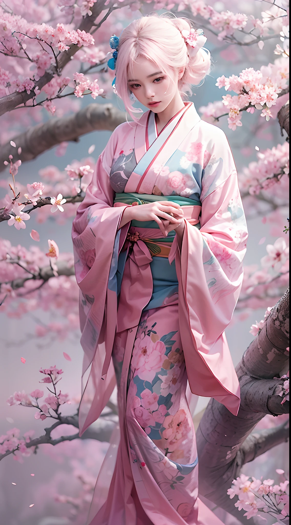 A hyper-realistic, highly detailed, and high-resolution 16k image of a young, beautiful female ghost or guardian spirit. She has light pink hair and translucent skin, and is dressed in a traditional Japanese kimono with a small cherry blossom design on the obi. The image captures the ethereal beauty and mystique of the spirit world. The style is inspired by the delicate, soft aesthetic found in traditional Japanese art.