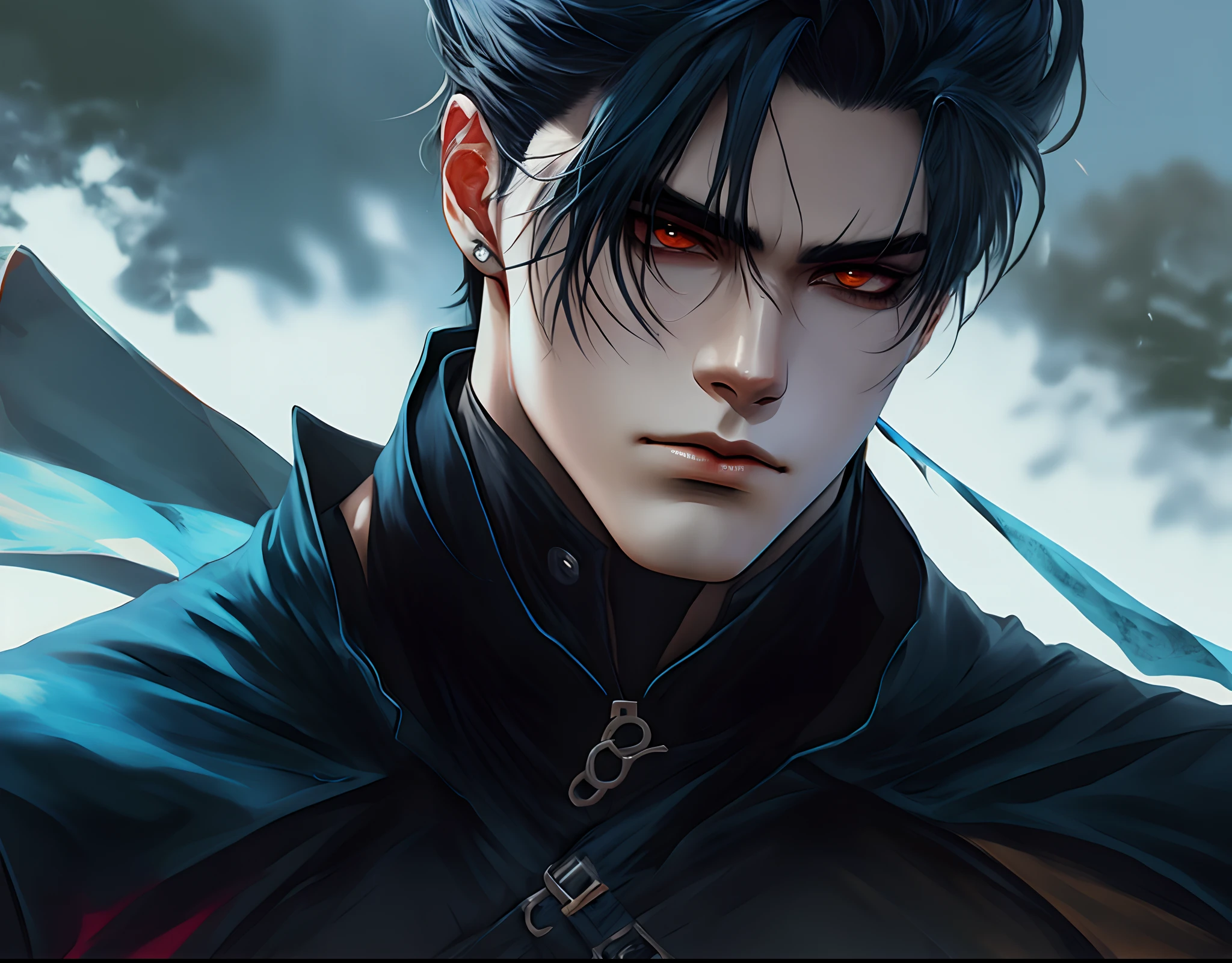 Personagem de anime masculino cabelos pretos olhos vermelhos sardas no rosto manto preto  mascara de caveira