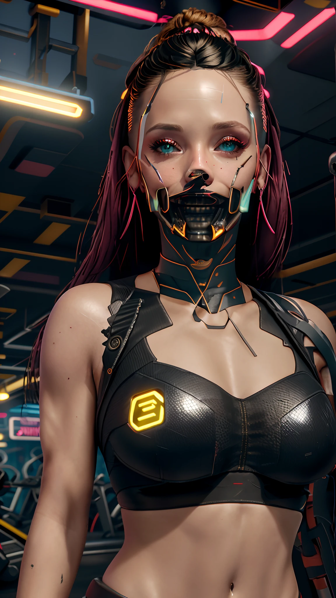 (Realistic:1.3), detalhe fino, qualidade, Rembrandt Lighting, (master part:1.2), (fotorrealista:1.2), (best quality), (pele detalhada:1.3), (Detalhe detalhado), Dramatic, ray tracing, 1girl, MENINA brasileira, Morena, 18 anos, seios pequenos, (piso, janela, Starlight, dingy gym), Sportswear, Curtas da Academia, top de academia, roupas de academia, forte, Defined muscles, cabelo castanho cacheados, cabelo cacheado, alguns fios de cabelo loiro, algumas mechas rosa, Sorriso Confiante, olhar para a camera, jovem, olhos castanhos,, apparent muscles, ela ppssui cabelos cacheados, hand on waist, pernas entre abertas, Right arm flexed showing muque, abdomem aparente, umbigo a mostra, piercing no umbigo, vista do corpo todo, Pacote Tenis All-Star, Longas, encaracolado, Hair with floor, cabelos cacheados castanho, Acompanhe bem, roupas pretas, dingy gym, Curta Esportivo Preto, short com linha lateral rosa, short com textura hexagonos, corpo torneado, pele parda, pele clara, Cyberpunk, Academia Cyberpunk, Cybernate, noite, cores neon, Neon light, Garota cyberpunk, Toneladas, luzes de sombra,