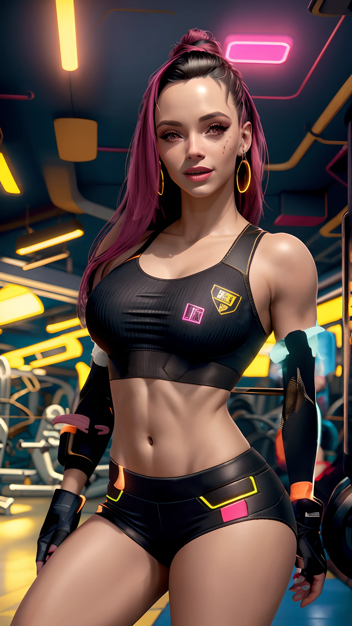 (Realistic:1.3), detalhe fino, qualidade, Rembrandt Lighting, (master part:1.2), (fotorrealista:1.2), (best quality), (pele detalhada:1.3), (Detalhe detalhado), Dramatic, ray tracing, 1girl,  brasileira, Morena, 18 anos, seios pequenos, (piso, janela, Starlight, dingy gym), Sportswear, Curtas da Academia, top de academia, roupas de academia, forte, Defined muscles, cabelo castanho cacheados, cabelo cacheado, alguns fios de cabelo loiro, algumas mechas rosa, Sorriso Confiante, olhar para a camera, jovem, olhos castanhos,, apparent muscles, ela ppssui cabelos cacheados, hand on waist, pernas entre abertas, Right arm flexed showing muque, abdomem aparente, umbigo a mostra, piercing no umbigo, vista do corpo todo, Pacote Tenis All-Star, Longas, encaracolado, Hair with floor, cabelos cacheados castanho, Acompanhe bem, roupas pretas, dingy gym, Curta Esportivo Preto, short com linha lateral rosa, short com textura hexagonos, corpo torneado, pele parda, pele clara, Cyberpunk, Academia Cyberpunk, Cybernate, noite, cores neon, Neon light, Garota cyberpunk, Toneladas, luzes de sombra,