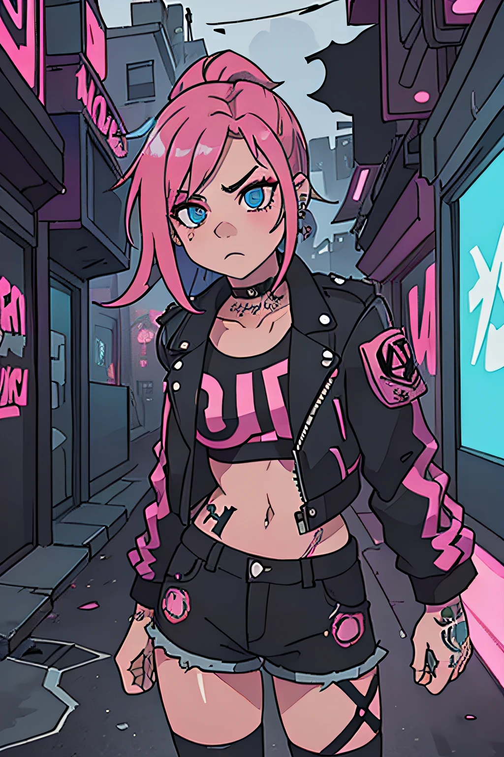 (pink haired punk girl,explicit:1.1),urban landscape,dark alleyway,graffiti-covered walls,neon lights,vibrant colors,night scene,gritty atmosphere,4K resolution,masterpiece:1.2,realistic lighting,shadowy figures,loud music,smoke-filled air,leather jacket,piercings,tattoos,rebellious attitude,bold makeup,provocative clothing,gritty realism,raw emotions,explicit storytelling,fast-paced energy,kinetic movement,urban decay,explicit passion,gritty cityscape,sensual encounters,intense pleasure.