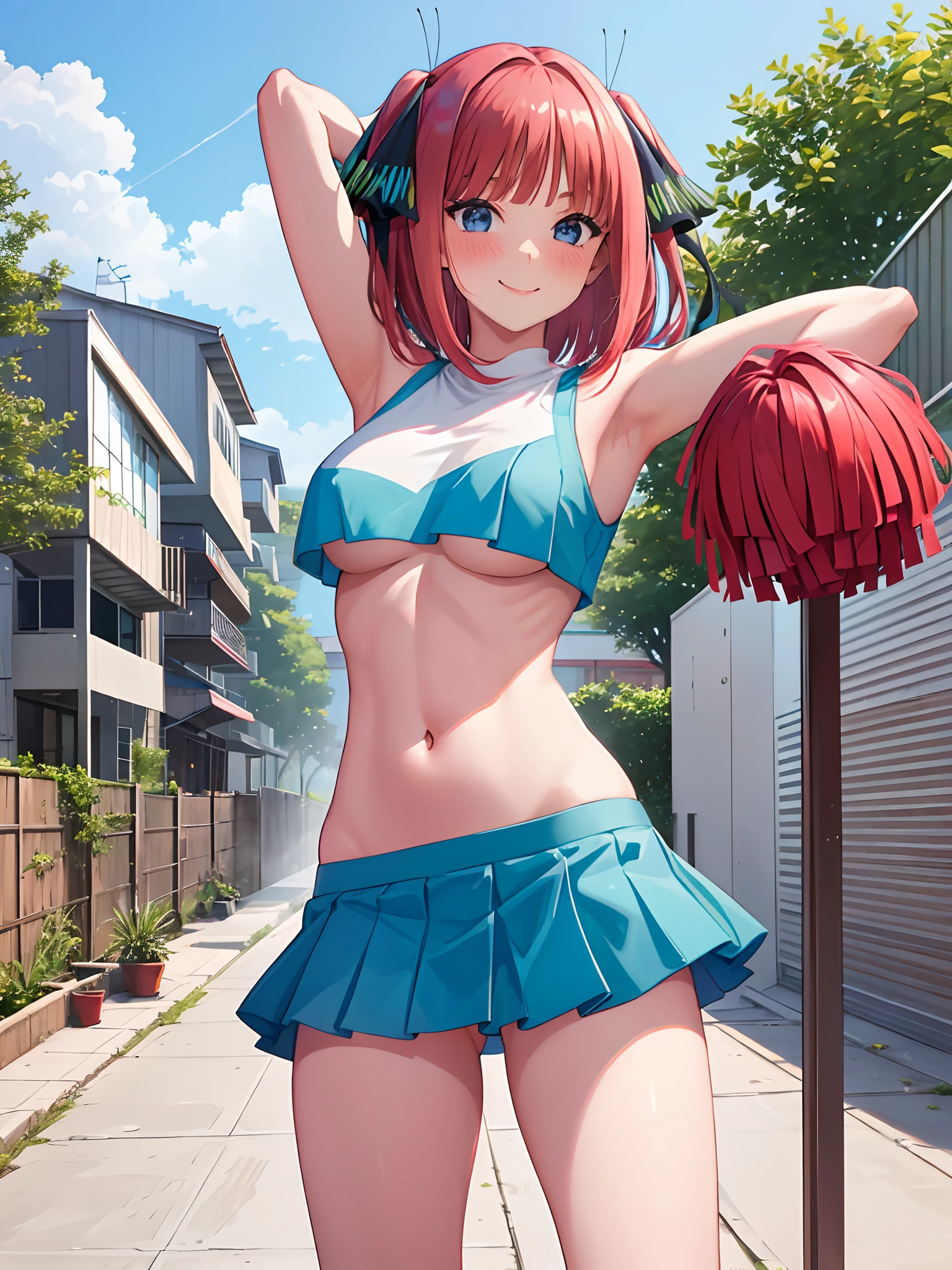 1girl, Medium tits、a navel、a miniskirt、Red Buruma、Raw feet、armpit、Beautiful thighs、is standing、outside of house、sports ground、red blush、A smile, cheerleaders、pompoms、Raising one leg、Pink medium hair、panties, upskirt