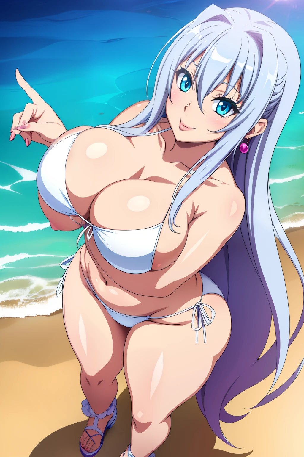 Highschool Dxd, Rossweisse, 1girl, (((bimbo))), white long hair, blue eyes, ear rings, (((bimbo))), puffy lips, thick lips, smile face, shiny oily skin, wide hips, thick thighs, huge round ass, huge natural breasts, white bikini, cleavage, picture from above, hand signs