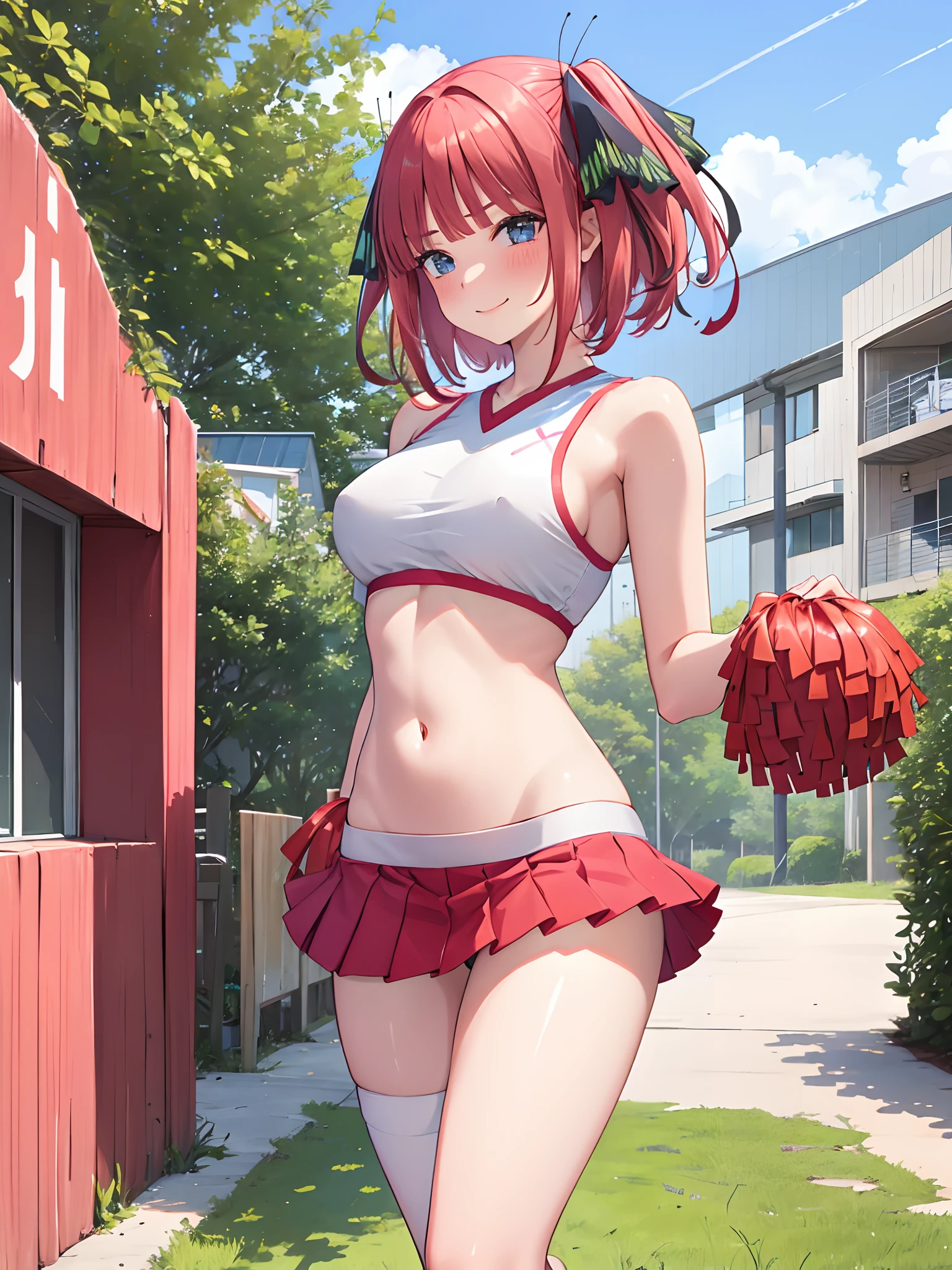 1girl, Medium tits、a navel、a 、Red Buruma、Raw feet、armpit、Beautiful thighs、is standing、outside of house、sports ground、red blush、A smile, cheerleaders、pompoms、Raising one leg、Pink medium hair、, 