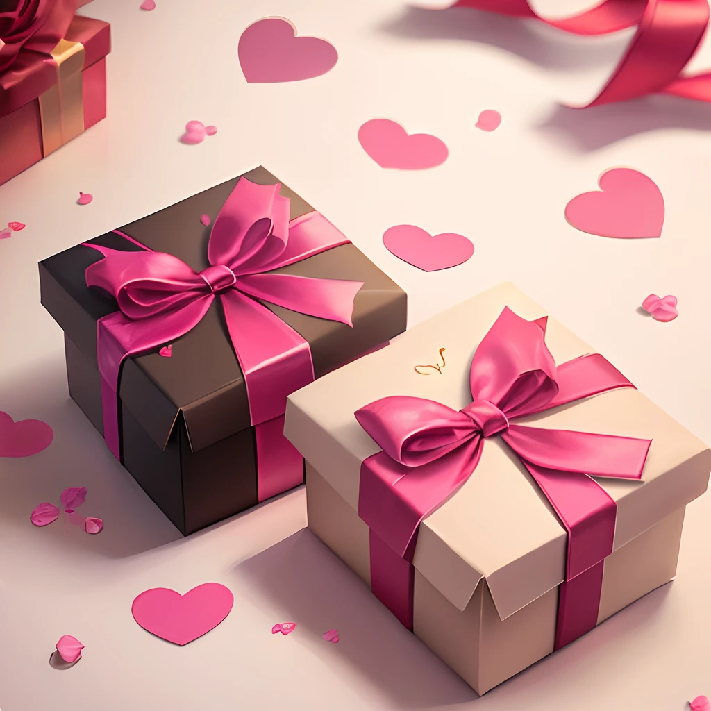 Gift boxes with ribbon with scattered decorative paper hearts, pink background with empty space, wedding, saint valentines day, mother day celebration concept