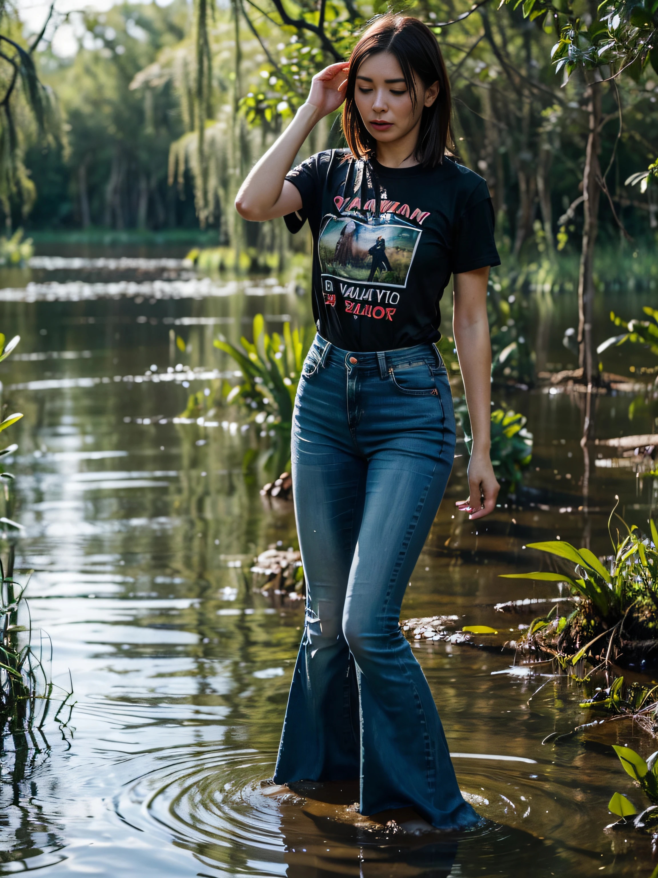 (Wide flares on jeans:1.1), (water, dripping from wet clothes:1.1), (Best Quality,hight resolution,bokeh:1.2),(Milf),(Standing at full height up to your ankles in a swamp:1.1),Pronounced wrinkles,Bob haircut,Detailed eyes and face,tshirt,expression of despair,电影灯光,desperation,(Drowning in a swamp below the knee:1.2), Posing, superstar