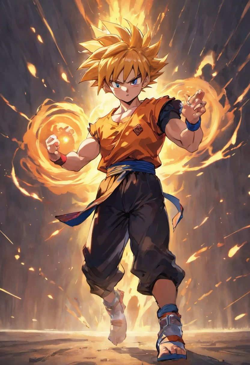 goku sin camisa, con short negro, guantes de combate negro , canilleras negras, zapatos de kung fu negro