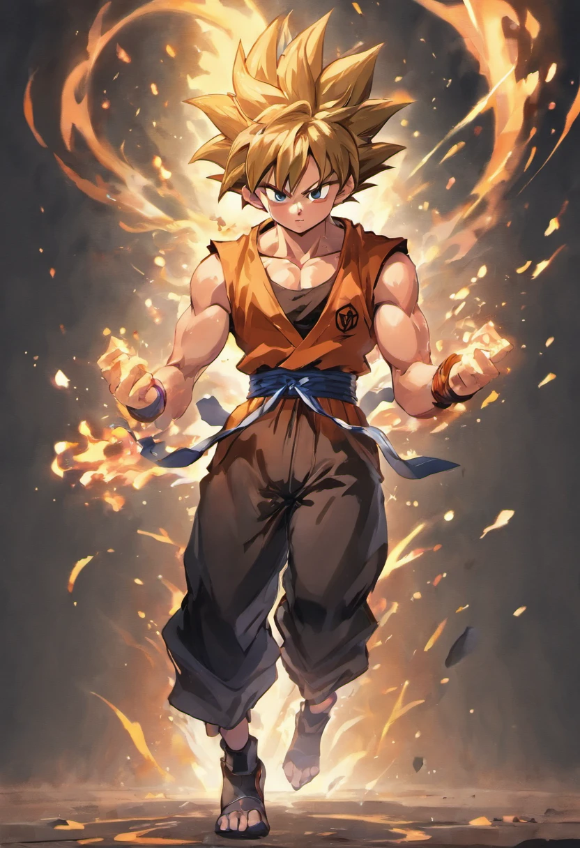goku sin camisa, con short negro, guantes de combate negro , canilleras negras, zapatos de kung fu negro