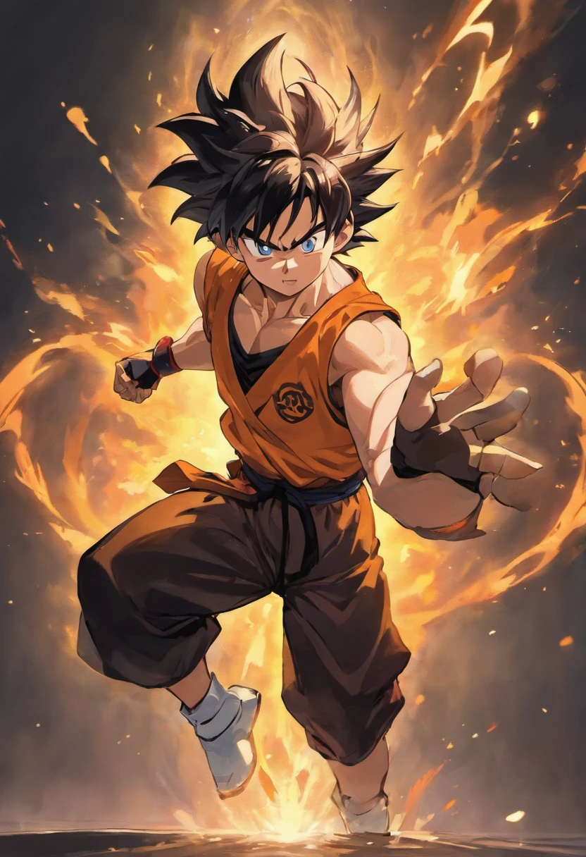 goku sin camisa, con short negro, guantes de combate negro , canilleras negras, zapatos de kung fu negro