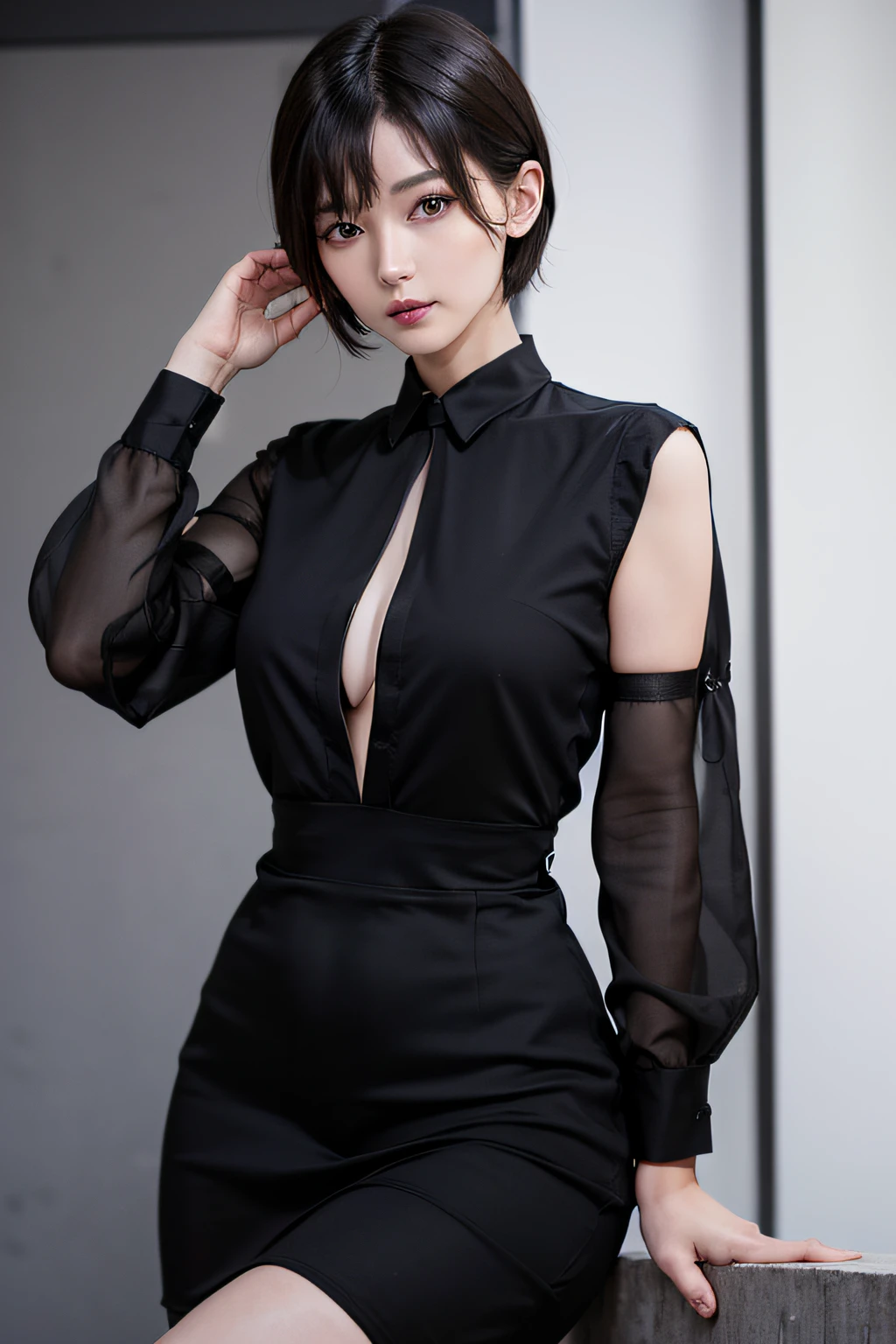 (masuter piece:1.3)、(8k、Photorealsitic、RAW Photography、top-quality: 1.4)、(1girl)、beautiful countenance、(lifelike face)、(A dark-haired、short-hair:1.3)、Beautiful hairstyle、realisticeyes、Beautiful details、(real looking skin)、Beautiful skins、(Black dress shirt:1.6)、absurderes、enticing、超A high resolution、A hyper-realistic、high-detail、the golden ratio