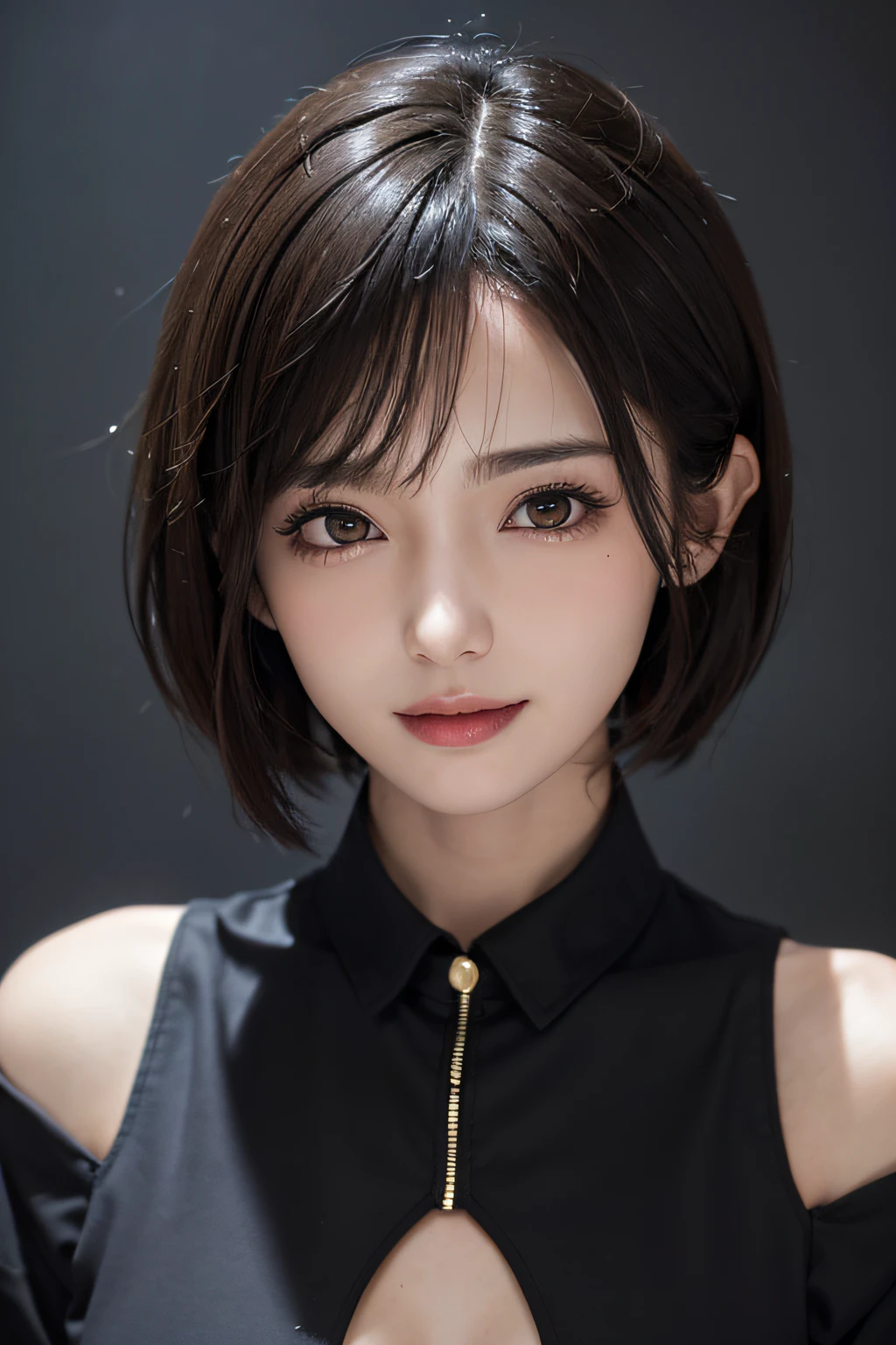 (masuter piece:1.3)、(8K、Photorealsitic、Raw photography、top-quality: 1.4)、(1girl in)、beautiful countenance、(Lifelike face)、(A dark-haired、short-hair:1.3)、Beautiful hairstyle、realisticeyes、Beautiful details、(real looking skin)、Beautiful skins、(Black shirt:1.6)、absurderes、enticing、超A high resolution、A hyper-realistic、high-detail、the golden ratio、Villain's smile