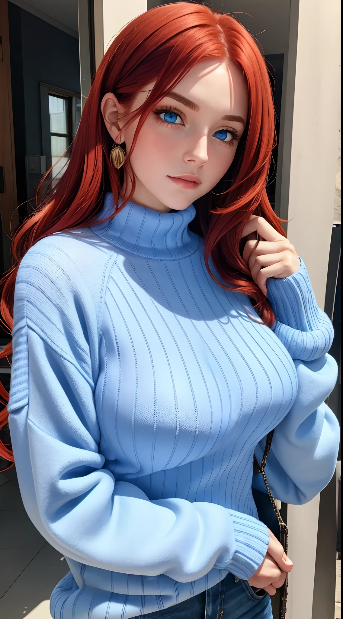 Woman, big breasts, redhead, blue eyes, transparent sweater, small chin