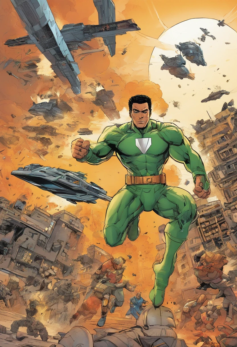 Create a Brazilian mulatto hero superhero with normal black hair, usar barba, 35 anos, mulato, olhos vermelhos estreitos, Futuro uniforme preto tech contendo detalhes de textura de fibra de carbono e linhas douradas na armadura do terno, use a letra dourada e quadrada " s" like a belt buckle equipped with gadgets and hero weapons, Ele tem 1,90 metros de altura, pesa 100kg e tem um visual preto escuro, Electrical rays come out of your hands, pose de luta enquanto voa, with a futuristic technological weapon on his back and in a scene of destruction with destroyed buildings and people running in the background in desperation, Show that he's full body flying in fight scene, Spaceships fill the skies in the background, Ships ready to attack the hero, Many armed enemy soldiers approaching on the horizon to surround the hero, use estilo HQ, Cartoon, criar modelo estilo Marvel e Dc Comics, desenho, 8K分辨率, a lot of whimsy in the fingers of the hands and eliminate deformities in the body in the final result,