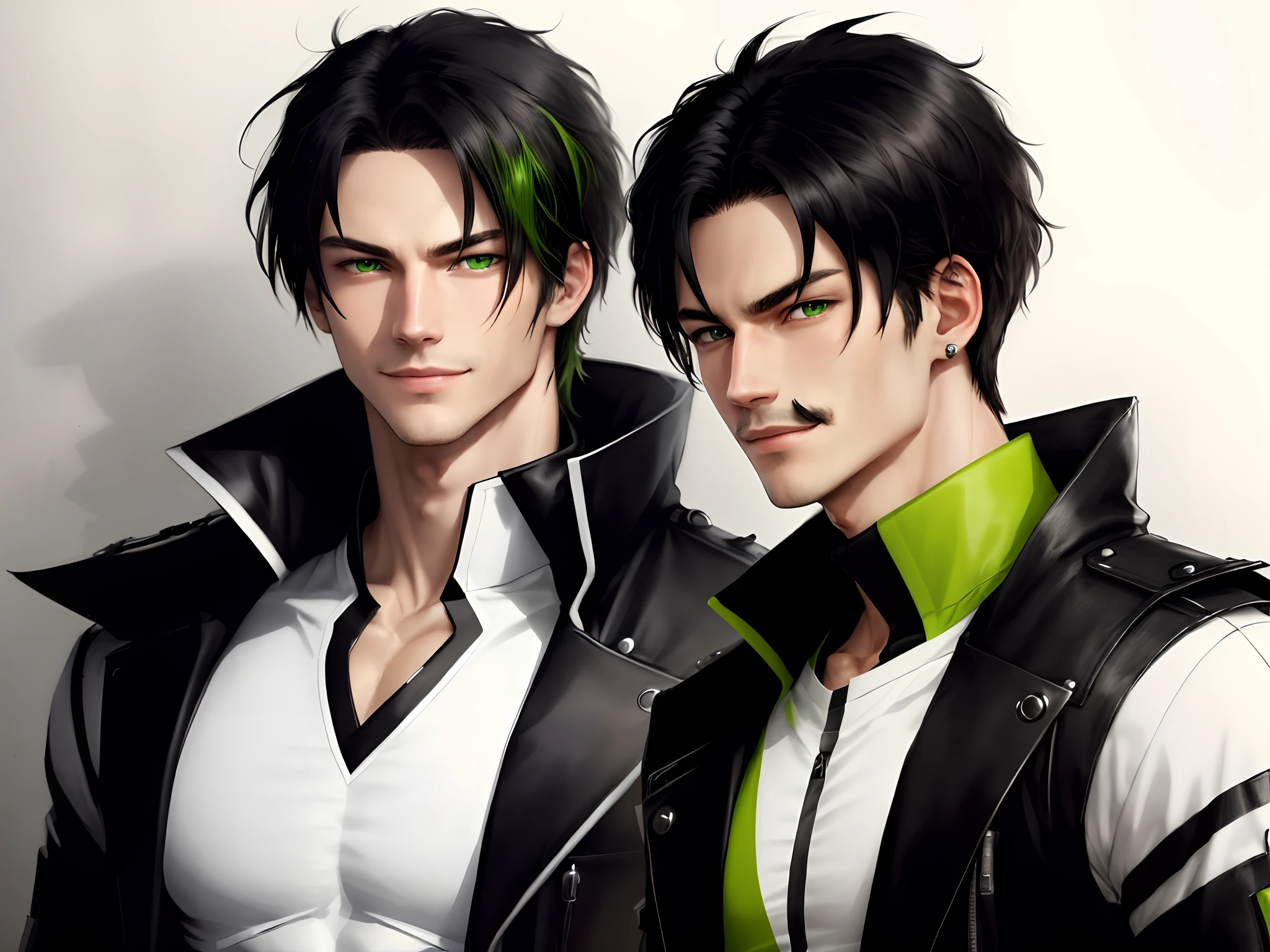 A tall white male with shoulder length black hair and green eyes. He has a vicious but confident smirk on his face and appears younger.