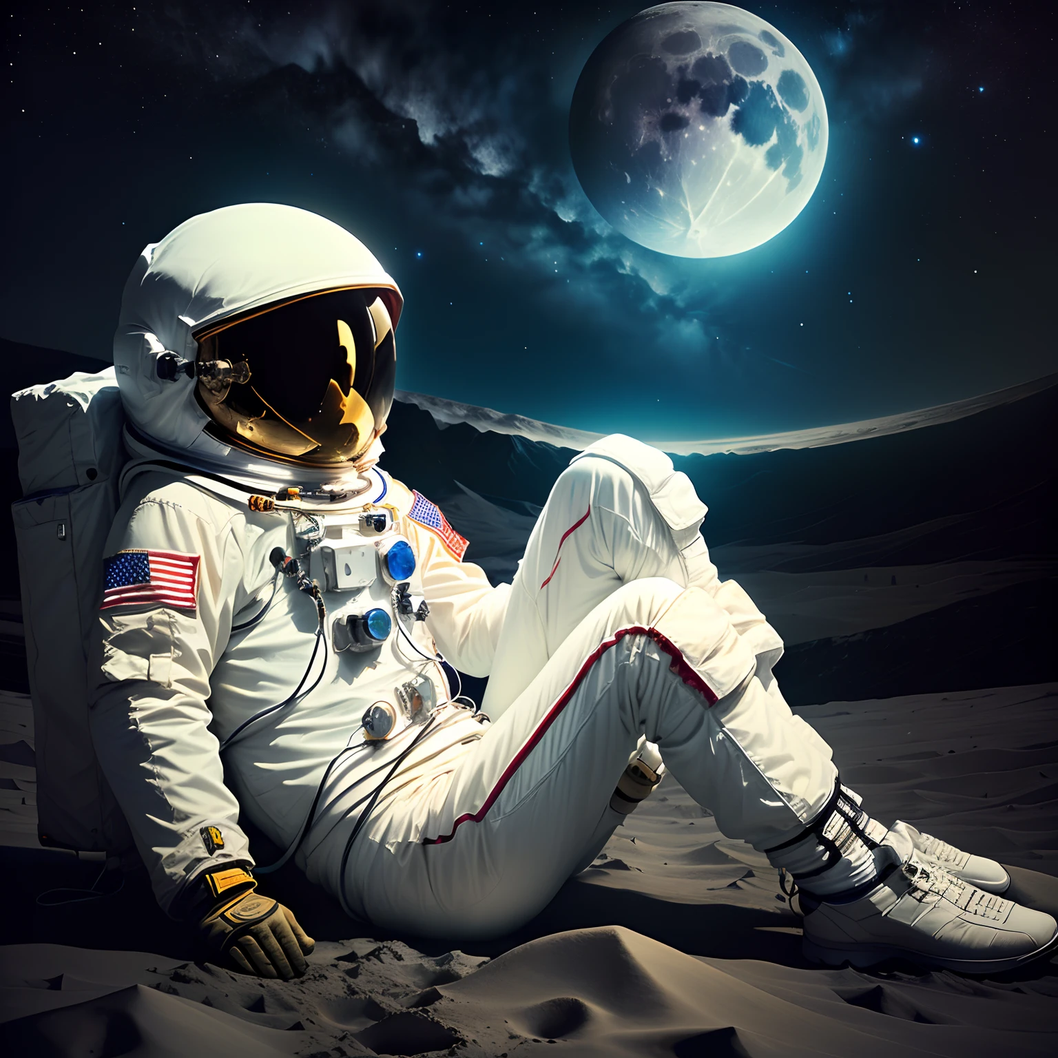 Lonely astronaut sitting on the moon enjoying the dark scenery