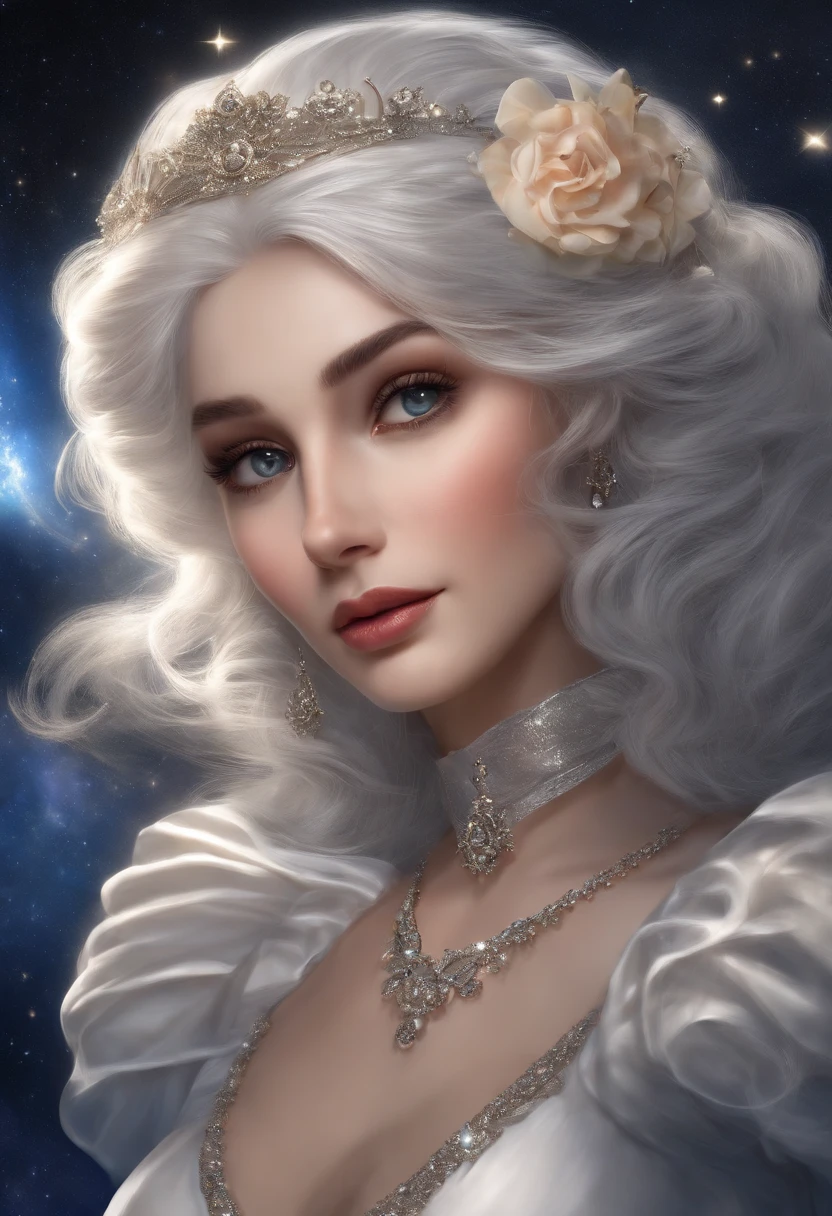 masterpiece, best quality, masterpiece, godlike quality, godlike art, highly detailed face, full body, highly realistic, cute, old woman, big eyes, long eyelashes, silver hair, hazel eyes, shiny skin, full lips, big lips, shiny skin, blushing, magnificent view, in space, starry background, stars, shining light, multicolored light, maid costume
