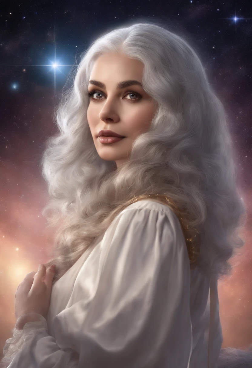 masterpiece, best quality, masterpiece, godlike quality, godlike art, highly detailed face, full body, highly realistic, cute, old woman, big eyes, long eyelashes, silver hair, hazel eyes, shiny skin, full lips, big lips, shiny skin, blushing, magnificent view, in space, starry background, stars, shining light, multicolored light, maid costume