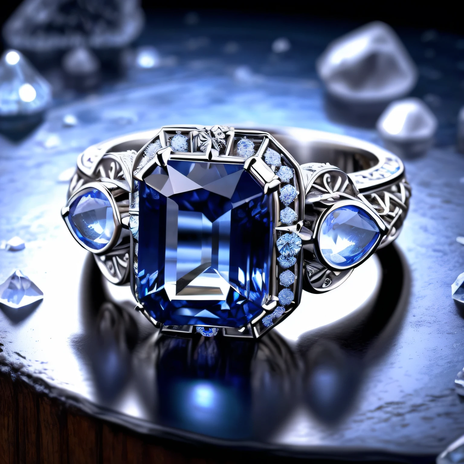 a close up of a blue diamond ring on a metal surface, jewelry photography, carved from sapphire stone, silver and sapphire, photorealistic and intricate, sapphires, detailed jewelry, blue realistic 3d render, 3d product render, elden ring inspired, ultra realistic rendering, a photorealistic rendering, blue diamonds, blue jewellery, intricate highly detailed 8k, jewelry design